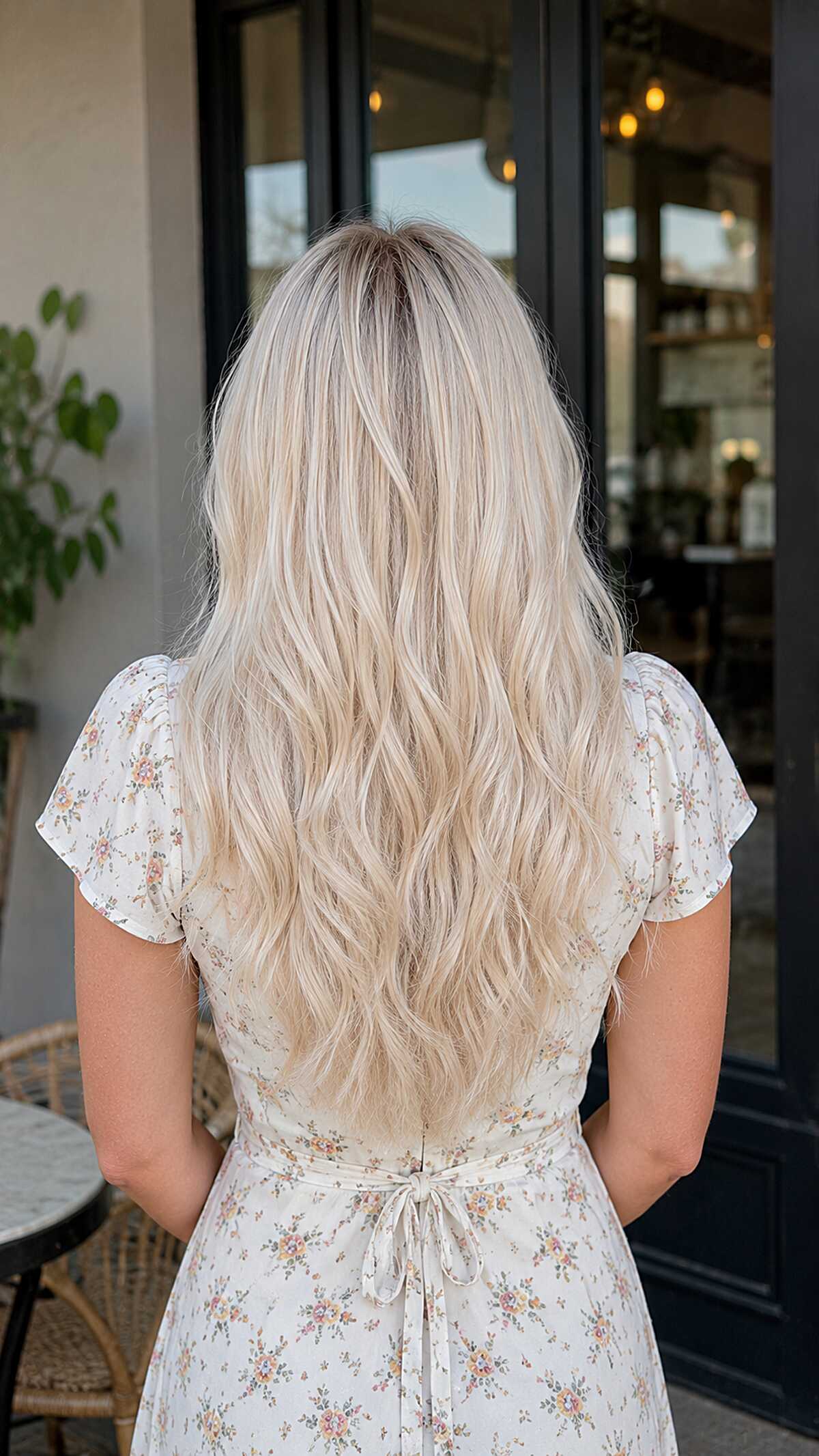 Long icy platinum blonde with loose waves from behind