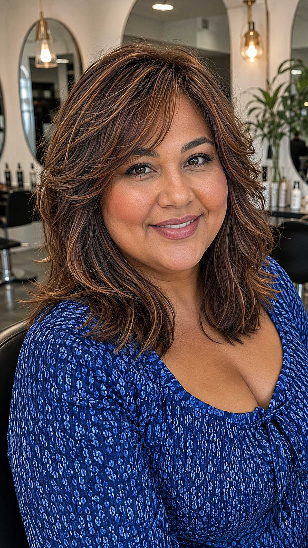 Copper-Kissed Brunette Shag with Layered Curtain Fringe