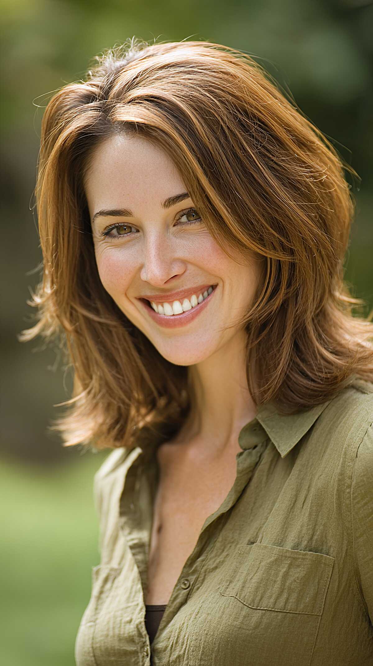 The Coppery Brunette Shoulder Sweep with Layered Volume
