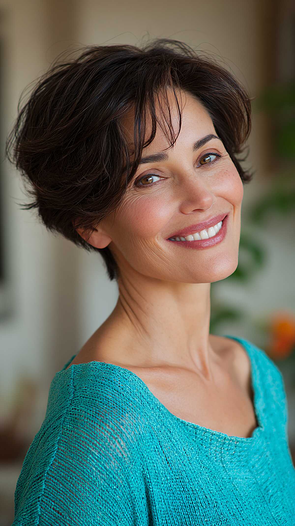 The Dark Brunette Flyaway Bixie with Cheekbone Framing