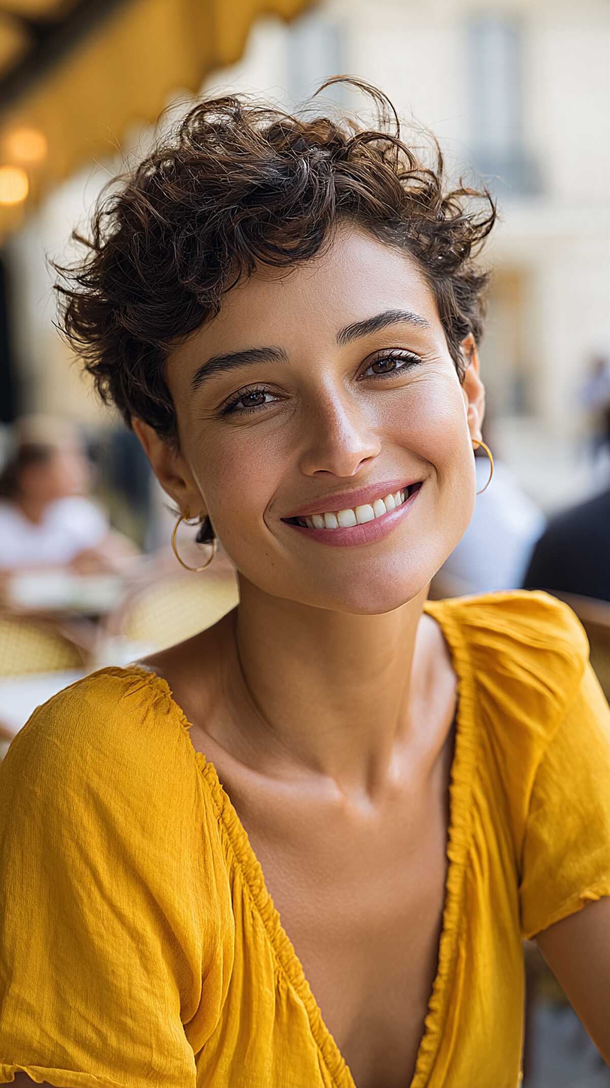 Dark Brunette Pixie with Curly Crown Height and Tapered Sides