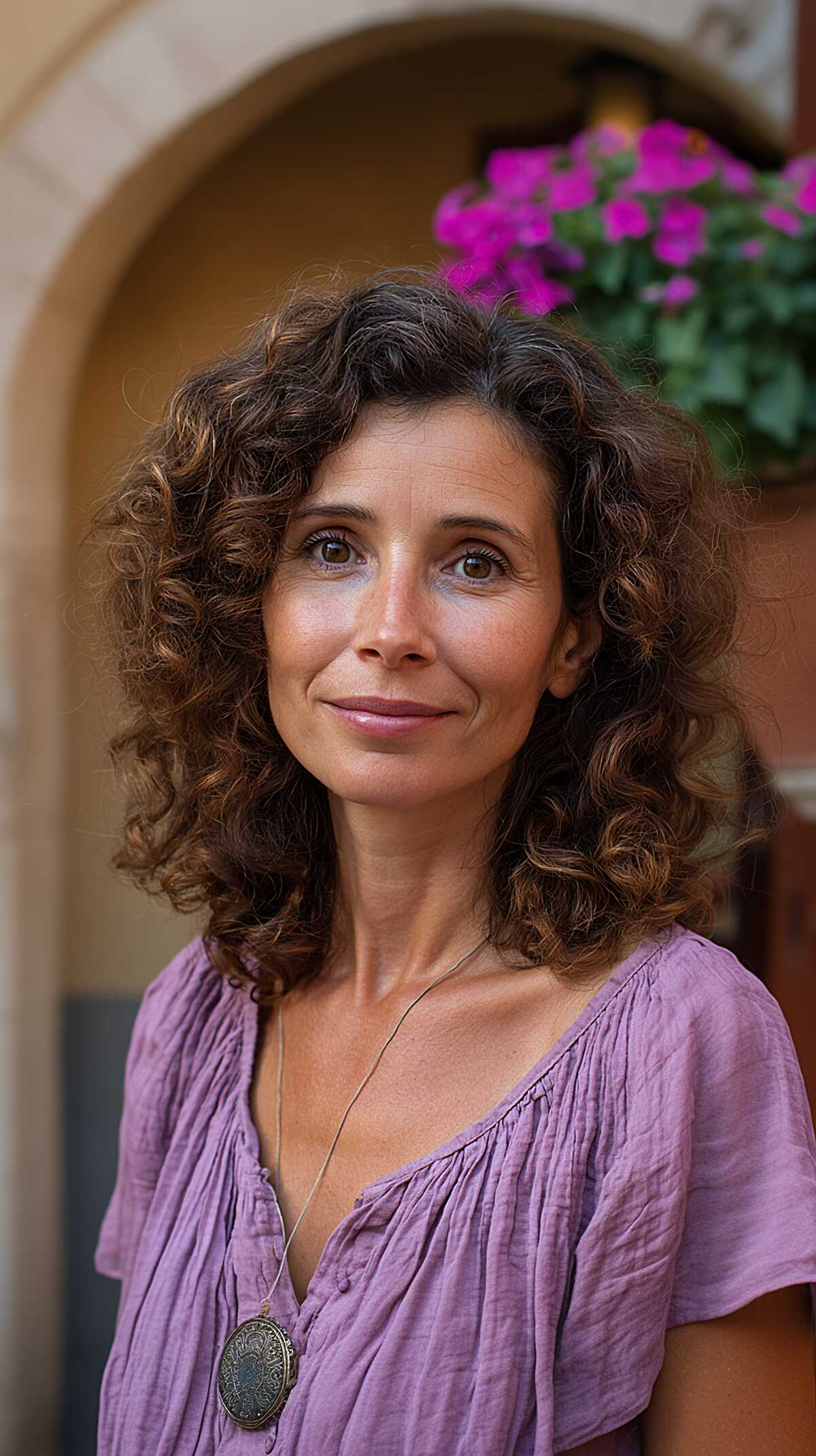 Dark Chocolate Shoulder-Length Curls with Sun-Lifted Ends