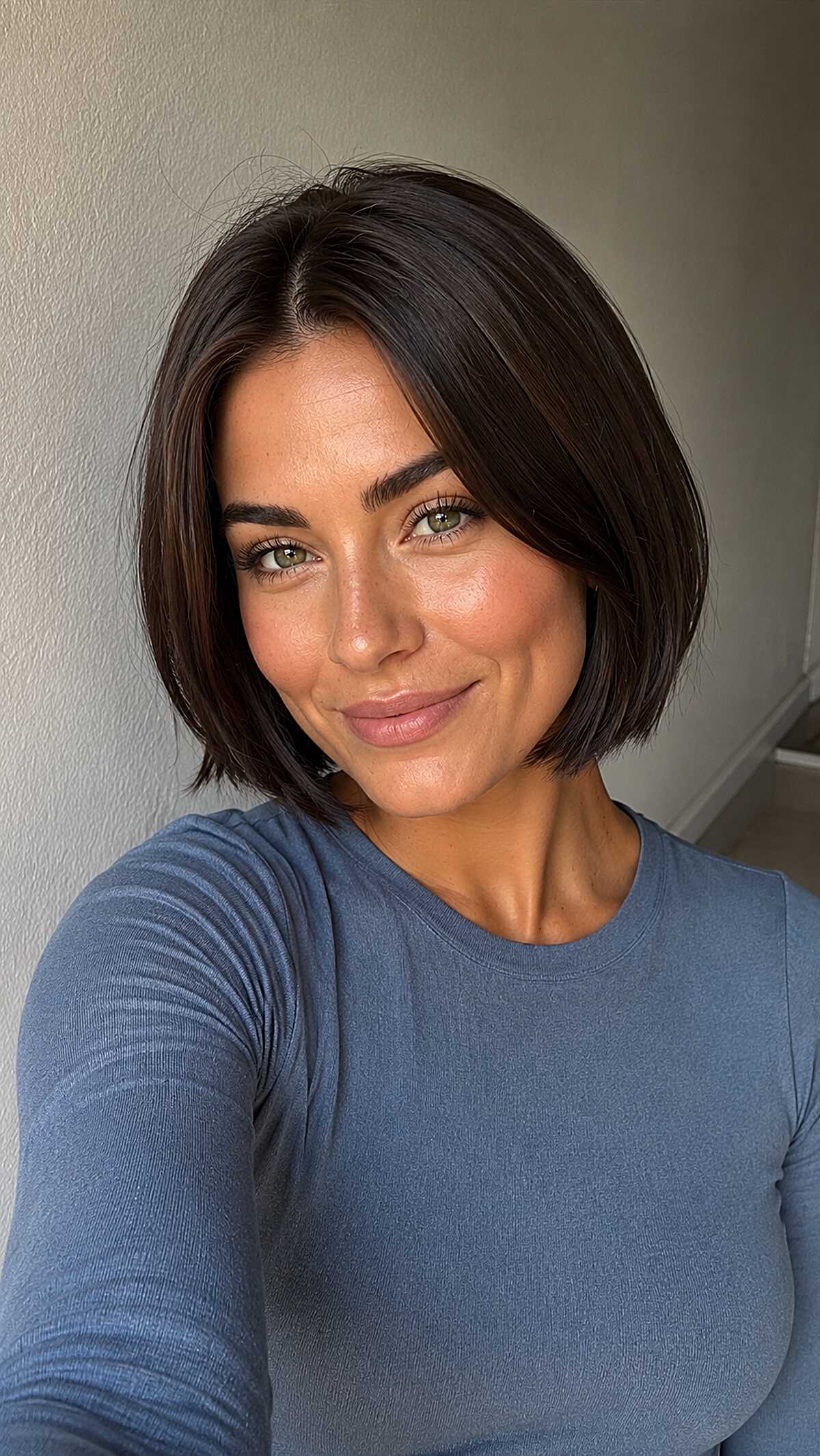 Deep brunette sleek bob with shiny glass-like finish
