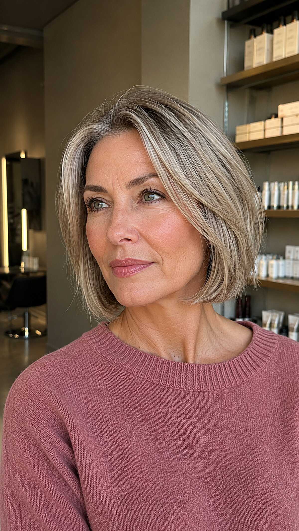 Ash blonde bob with root shadow and chin-length layers