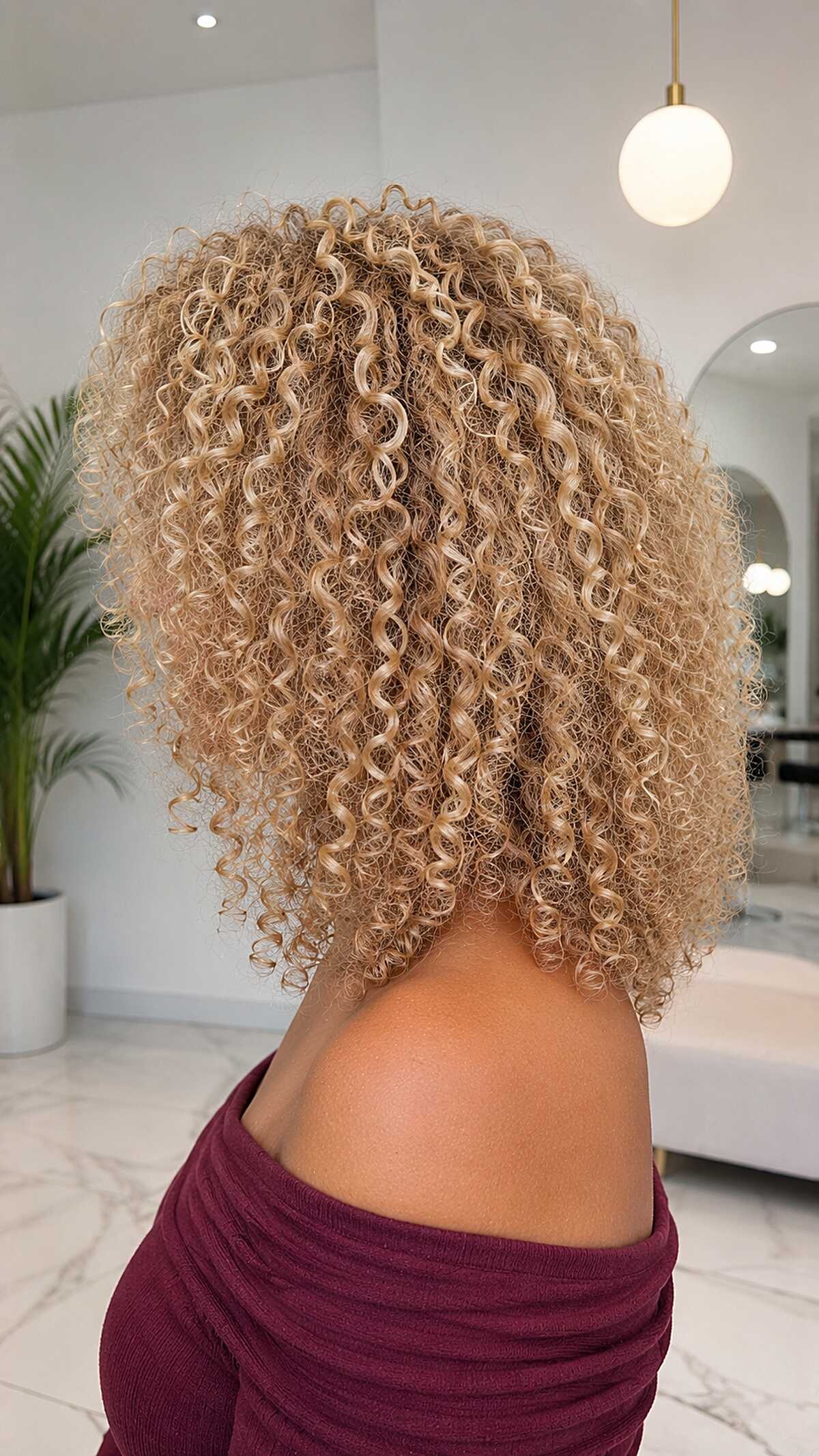 Golden blonde highlights on defined tight natural curls
