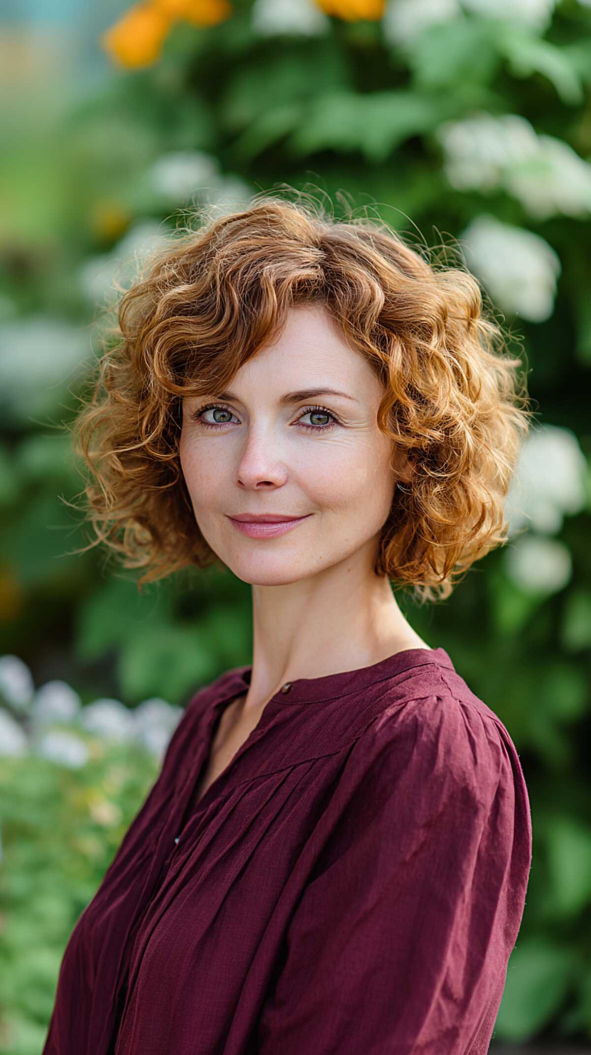 Golden Copper Curly Bob with Loose Fringe and Ear-Length Volume