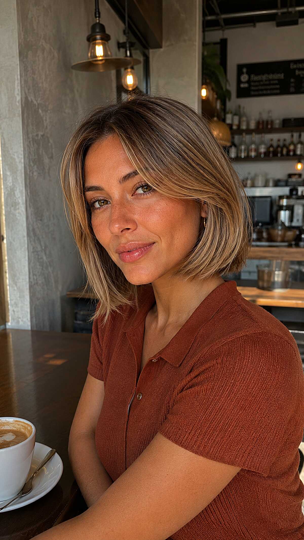 Honey bronde chin-length bob with soft face-framing layers