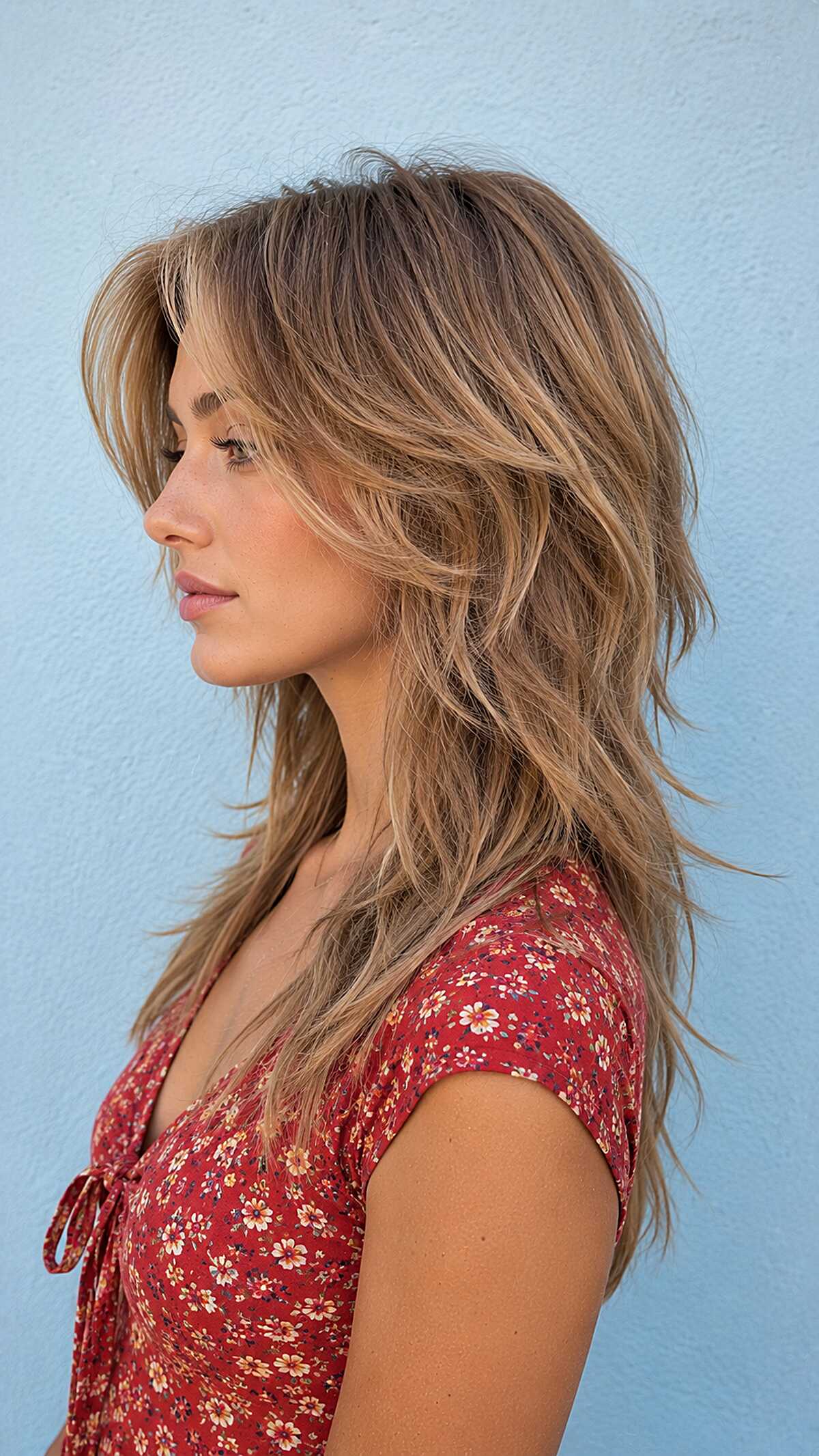 Medium-length honey wheat shag with layered movement