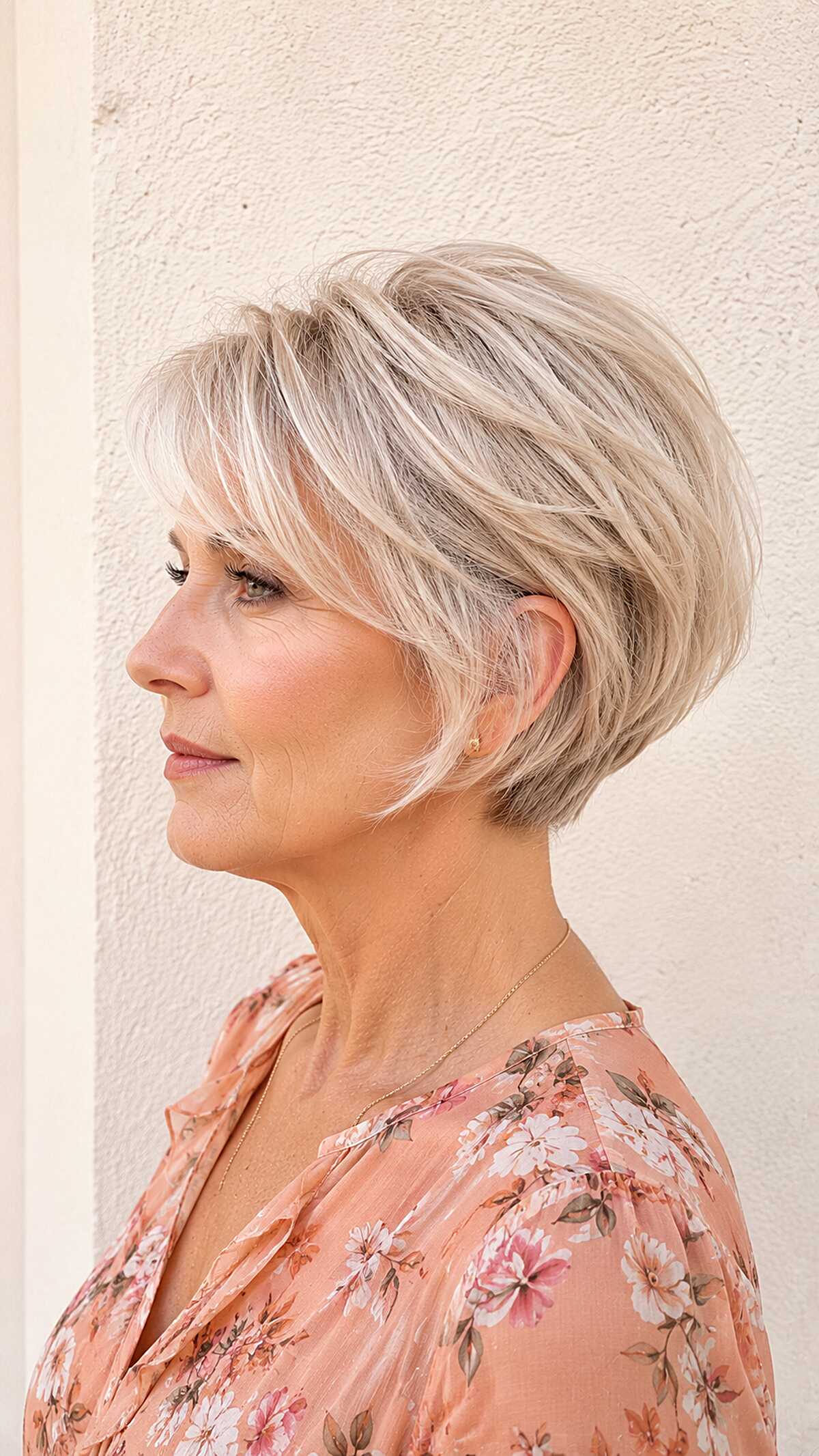Short icy blonde pixie bob with feathered layers