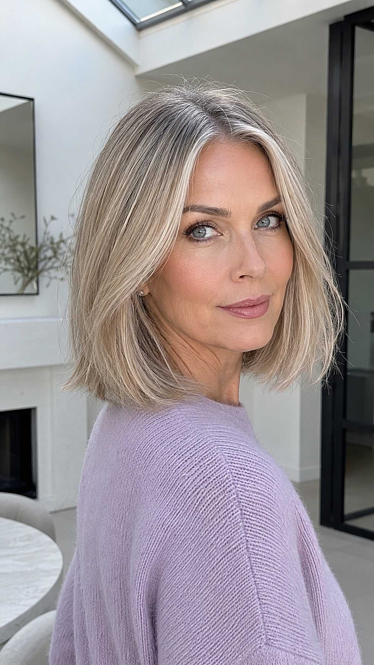 Cool-toned blonde lob with natural texture and volume