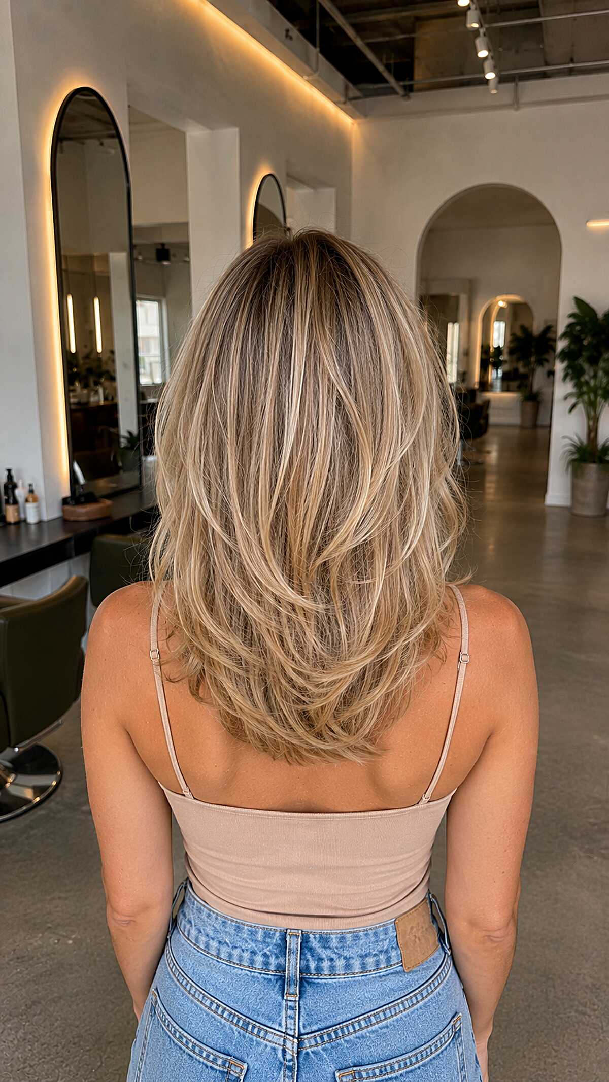 Medium layered hair with cream and caramel blonde tones
