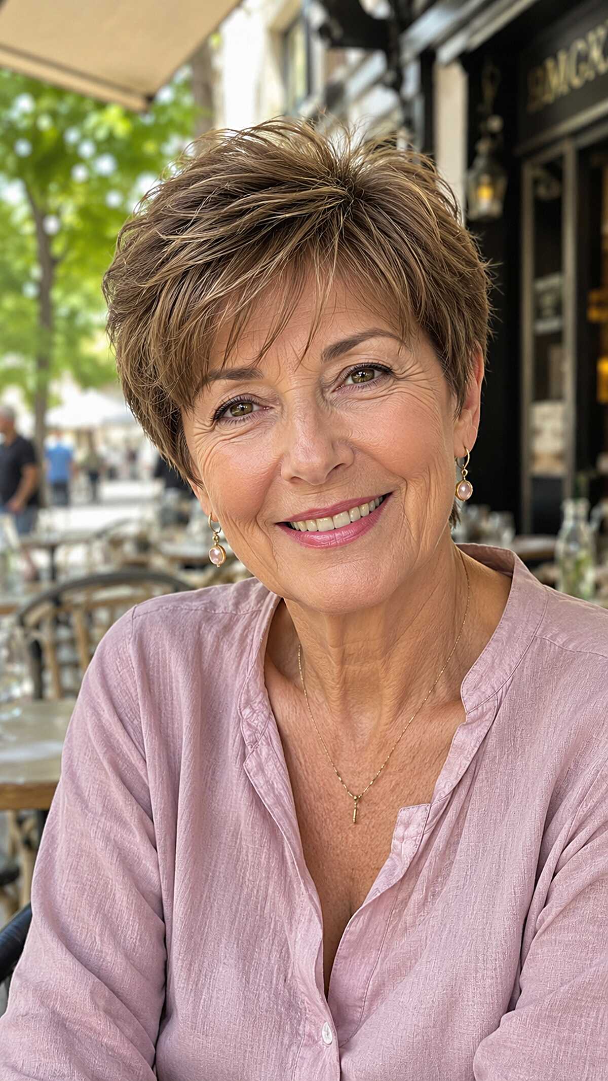 Light Ash Brown Feathered Pixie with Lifted Crown