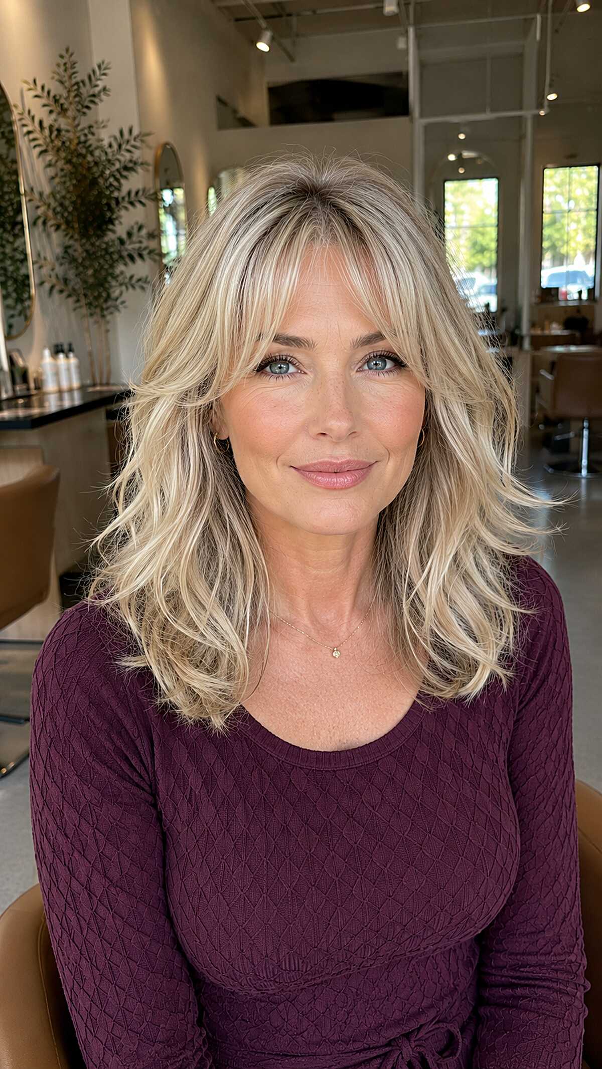 Medium wavy platinum blonde with curtain bangs