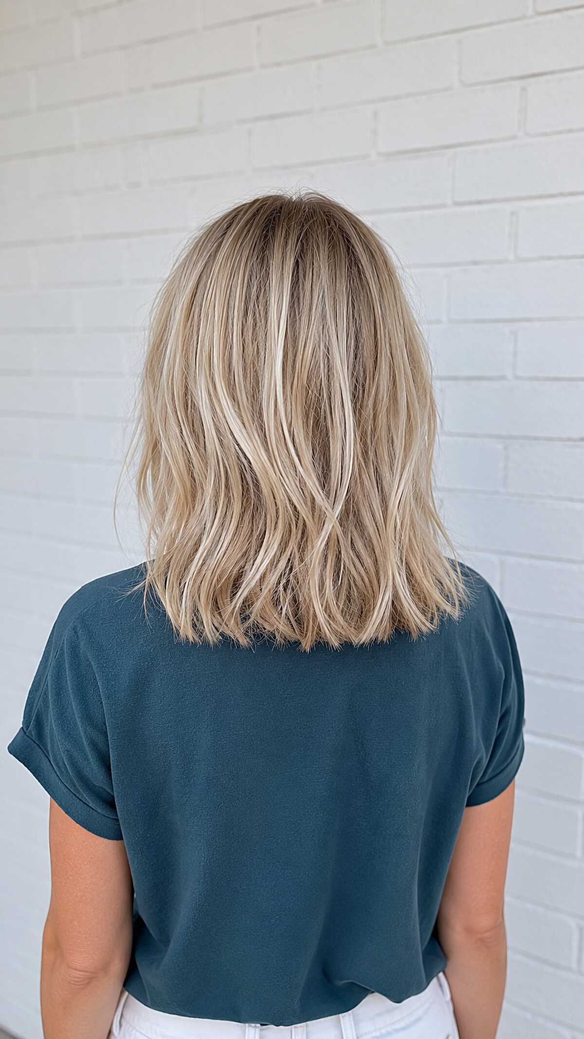 Shoulder-length sandy blonde lob with natural texture