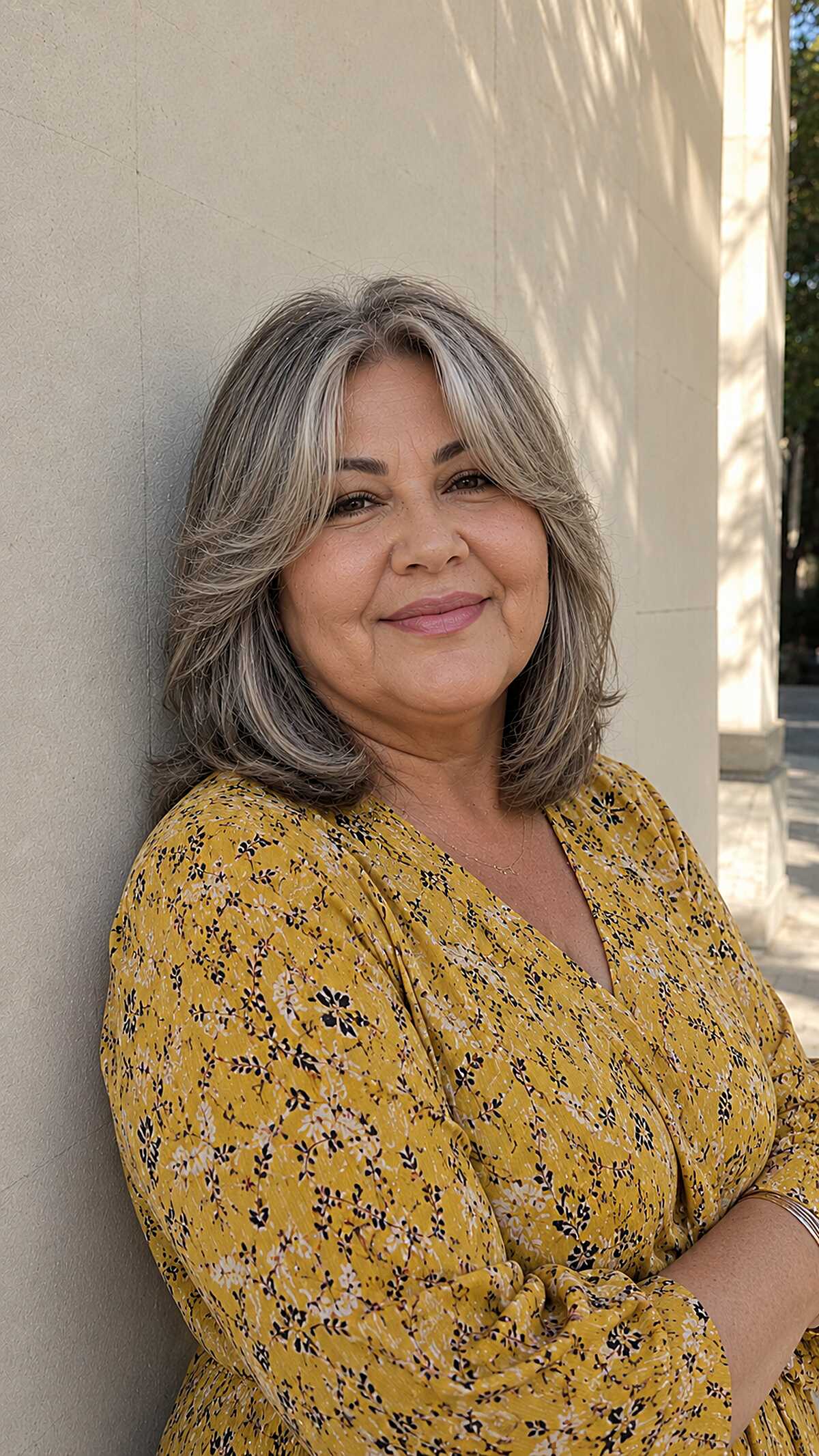 Natural Grey Shoulder-Length Layers with Soft Parted Fringe