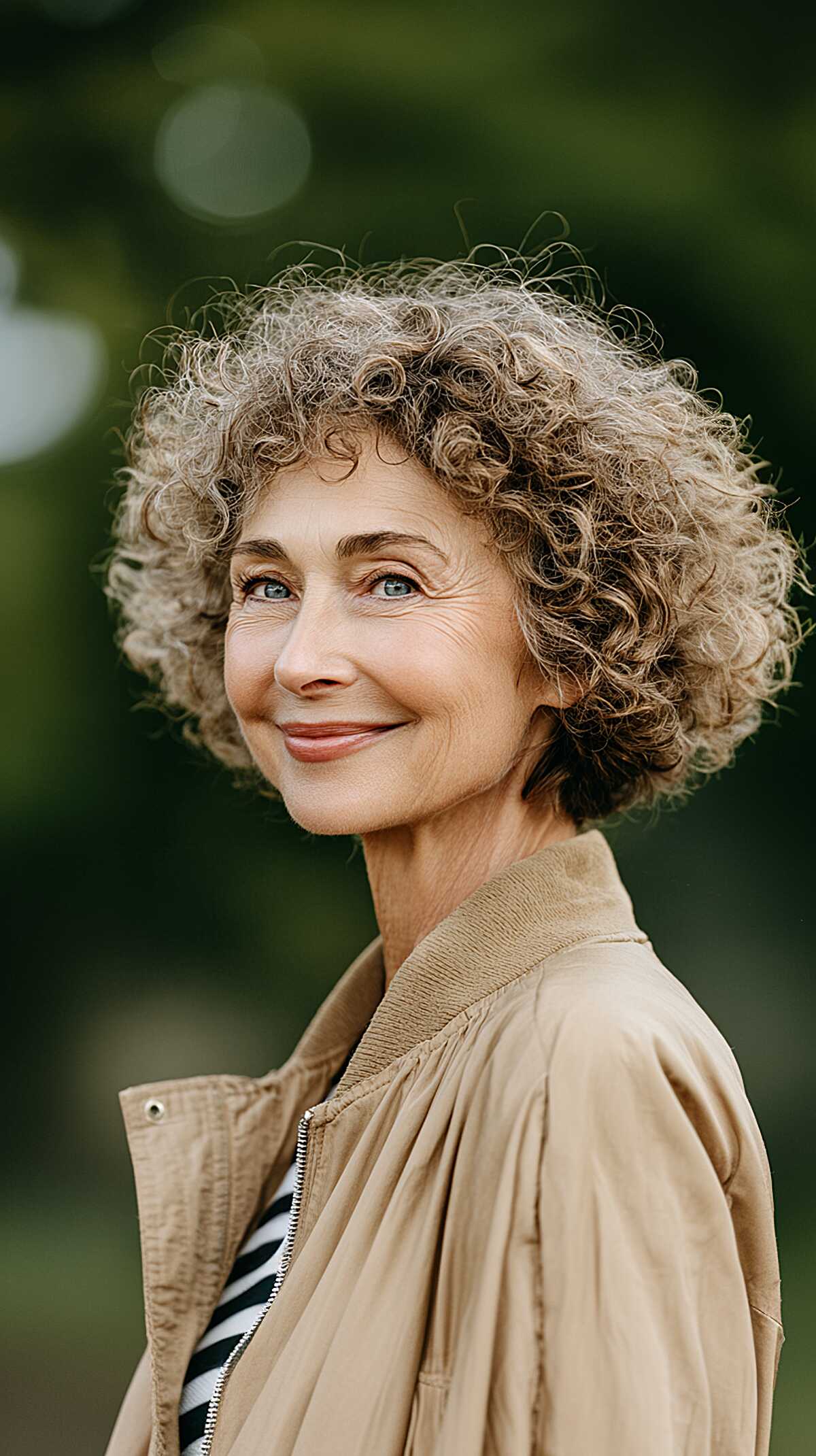 Natural Silver-Blonde Curly Bob with Uniform Density and No Defined Part