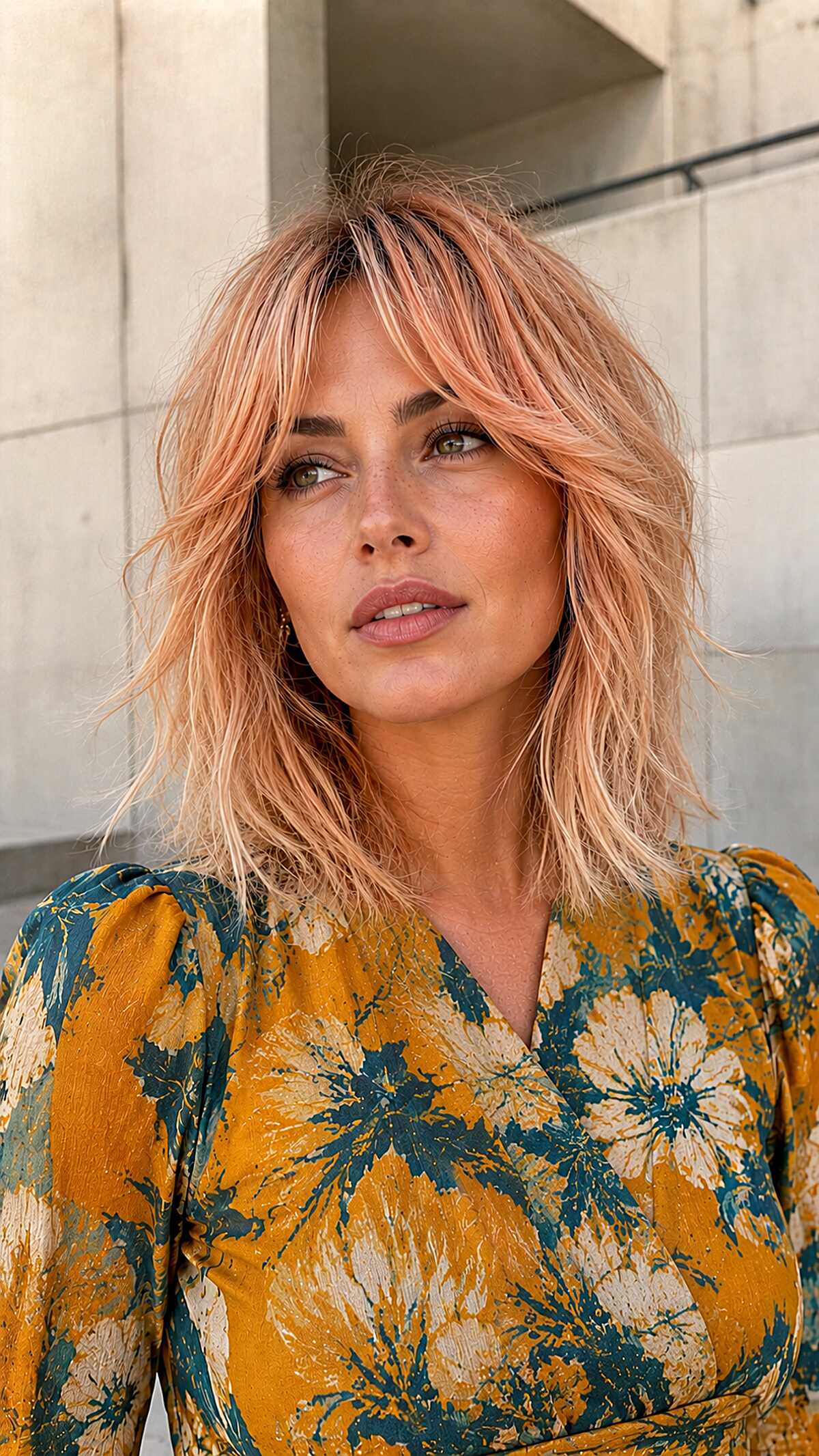 Textured shoulder-length shag in peachy coral blonde