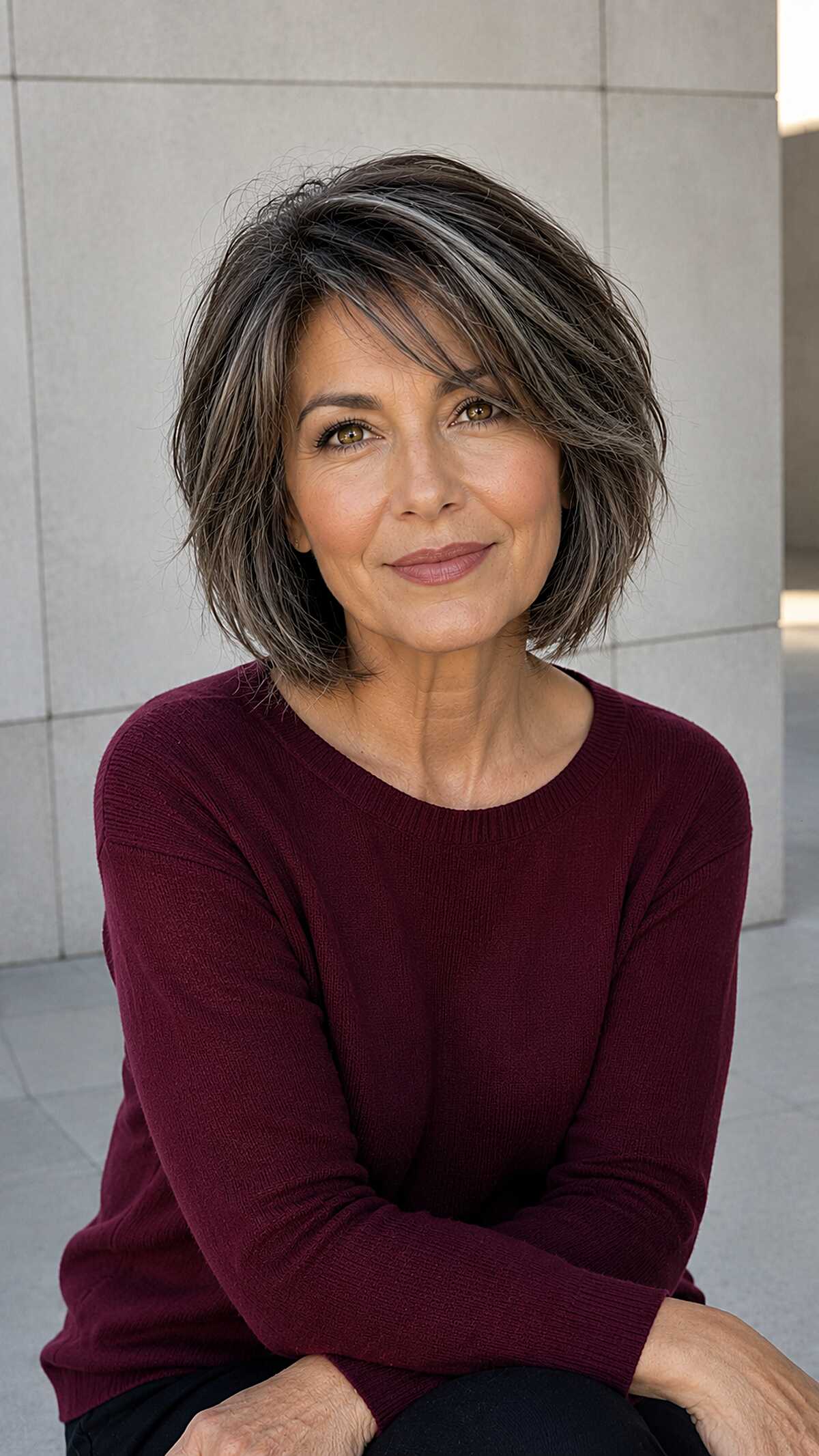 Dark bob with silver streaks and choppy textured layers