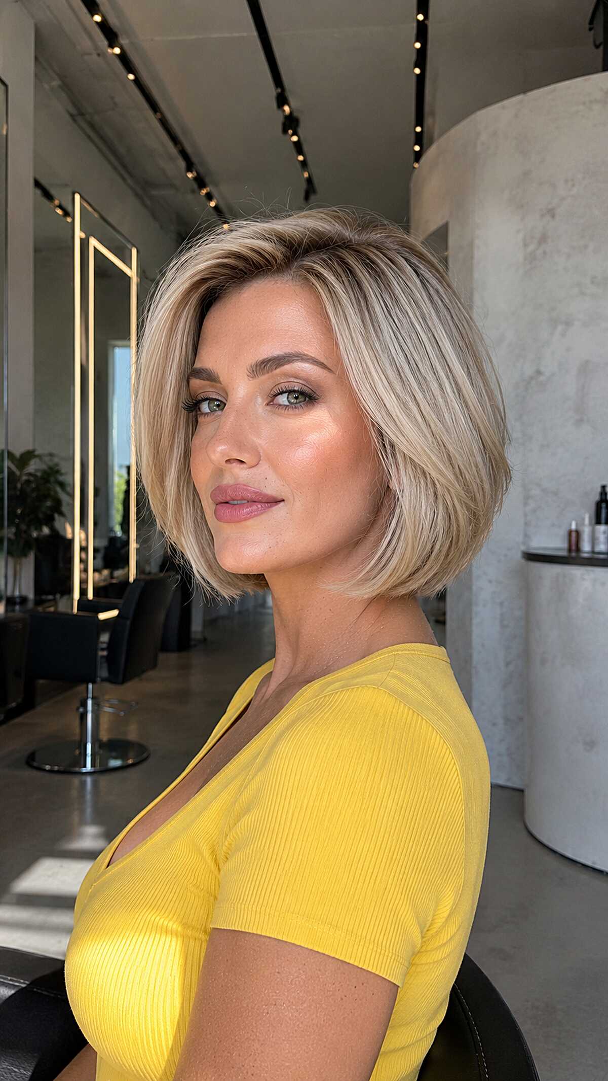 Polished chin-length blonde bob with side-swept layers