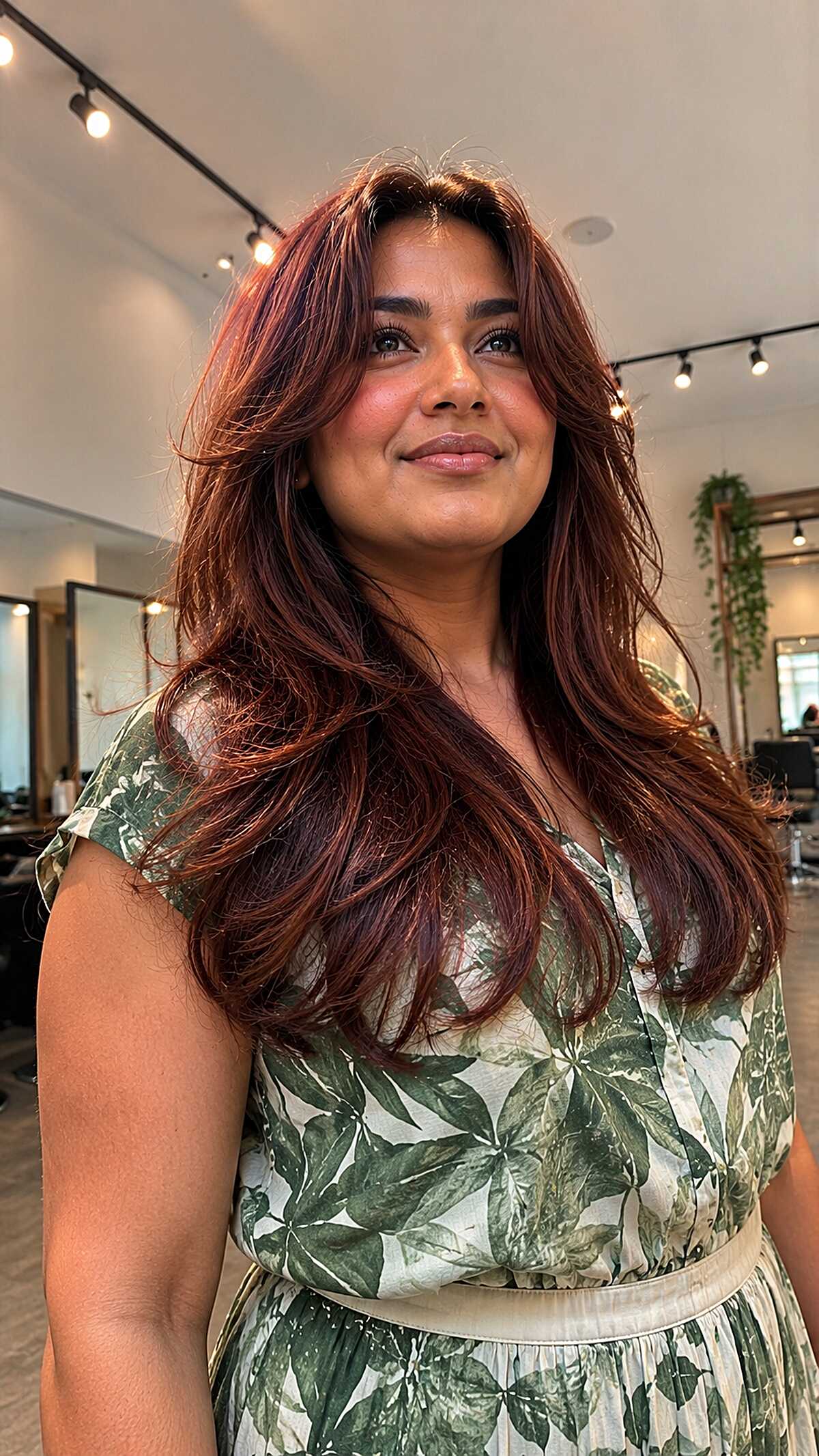 Rich Auburn Long Layers with Soft Curtain Fringe