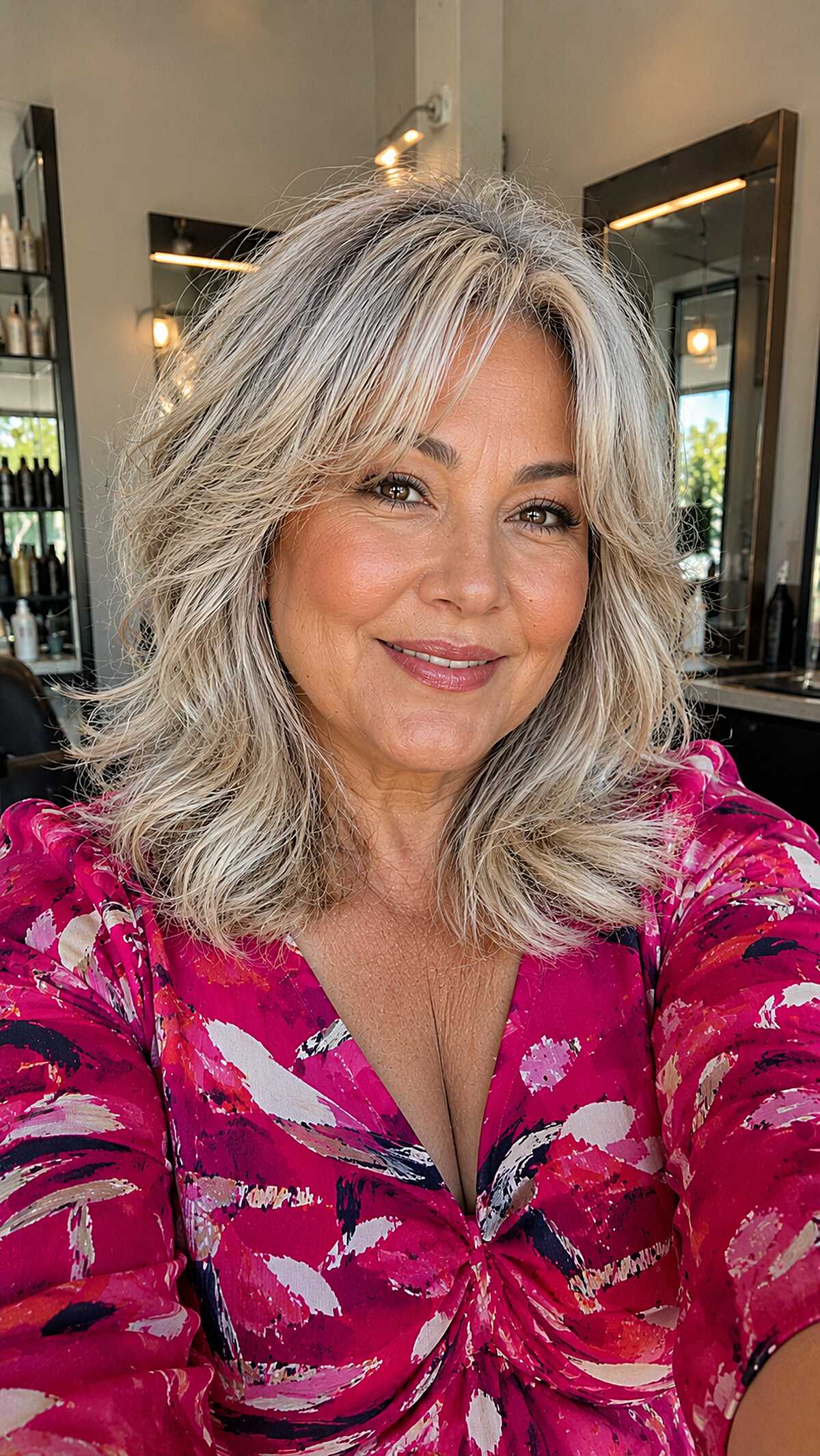 Salt and Pepper Shoulder-Length Shag with Feathered Curtain Bangs