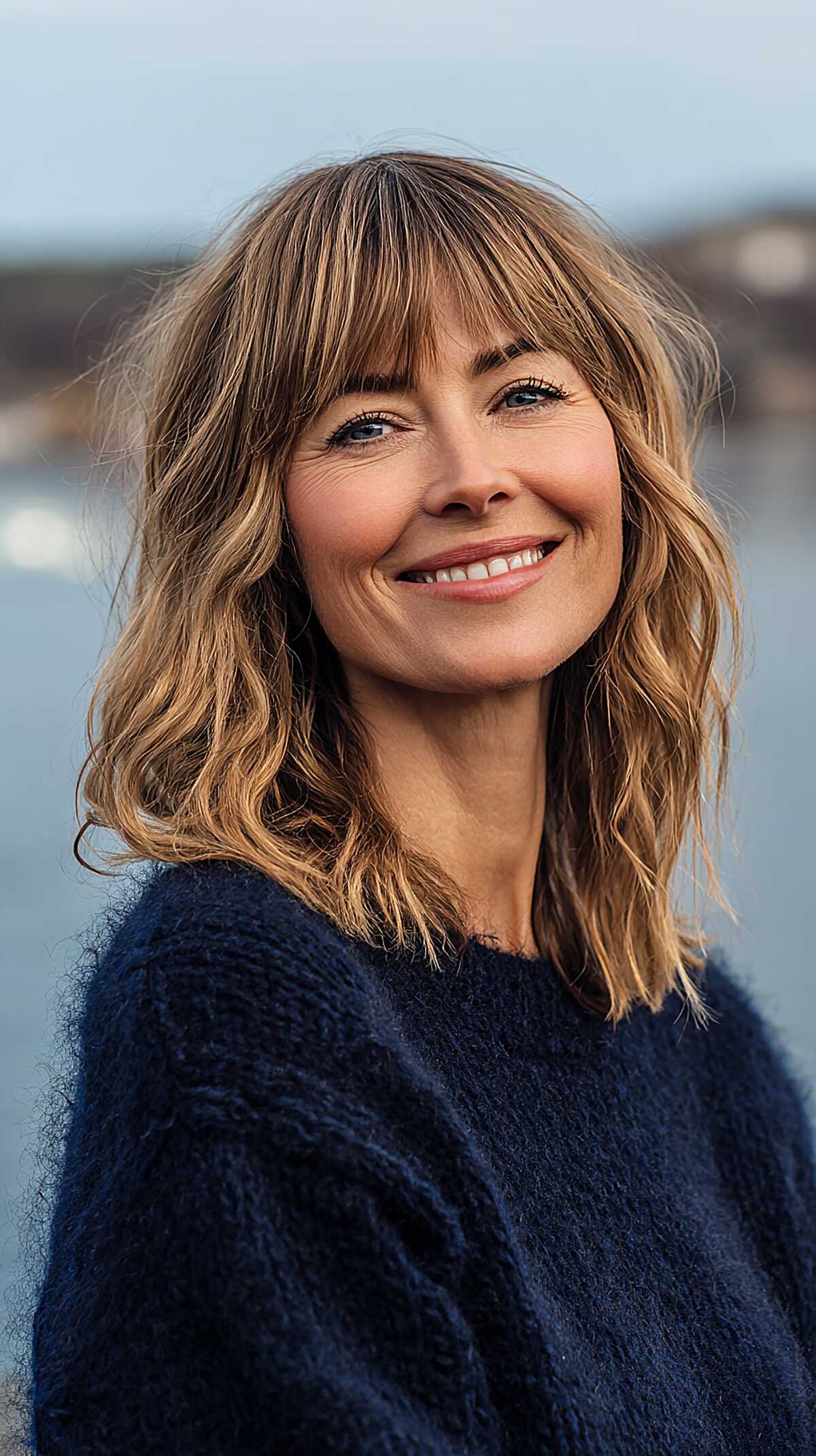 Sandy Blonde Wavy Shag with Textured See-Through Fringe