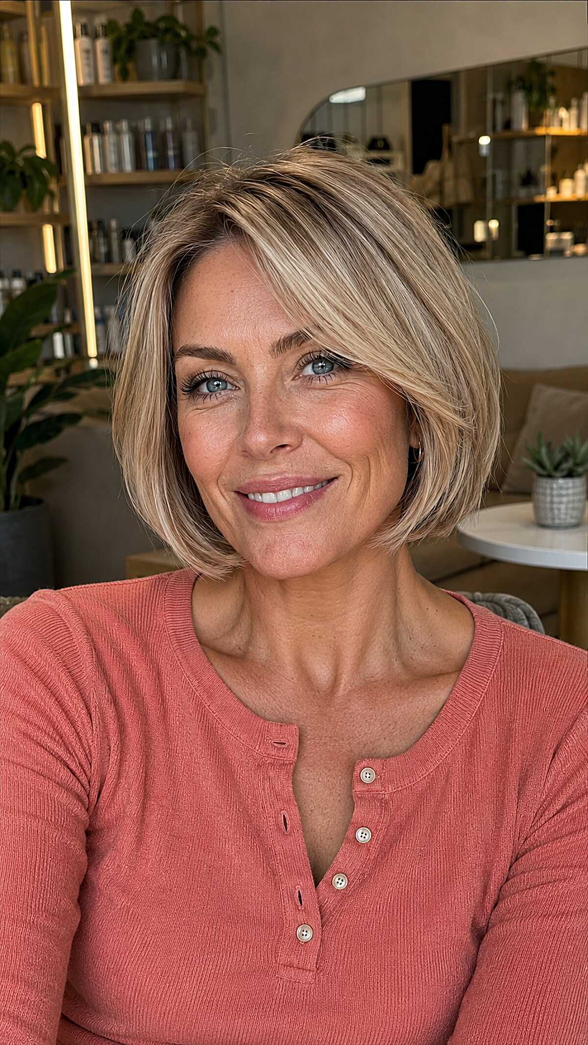 Sandy blonde textured bob with flipped ends and volume