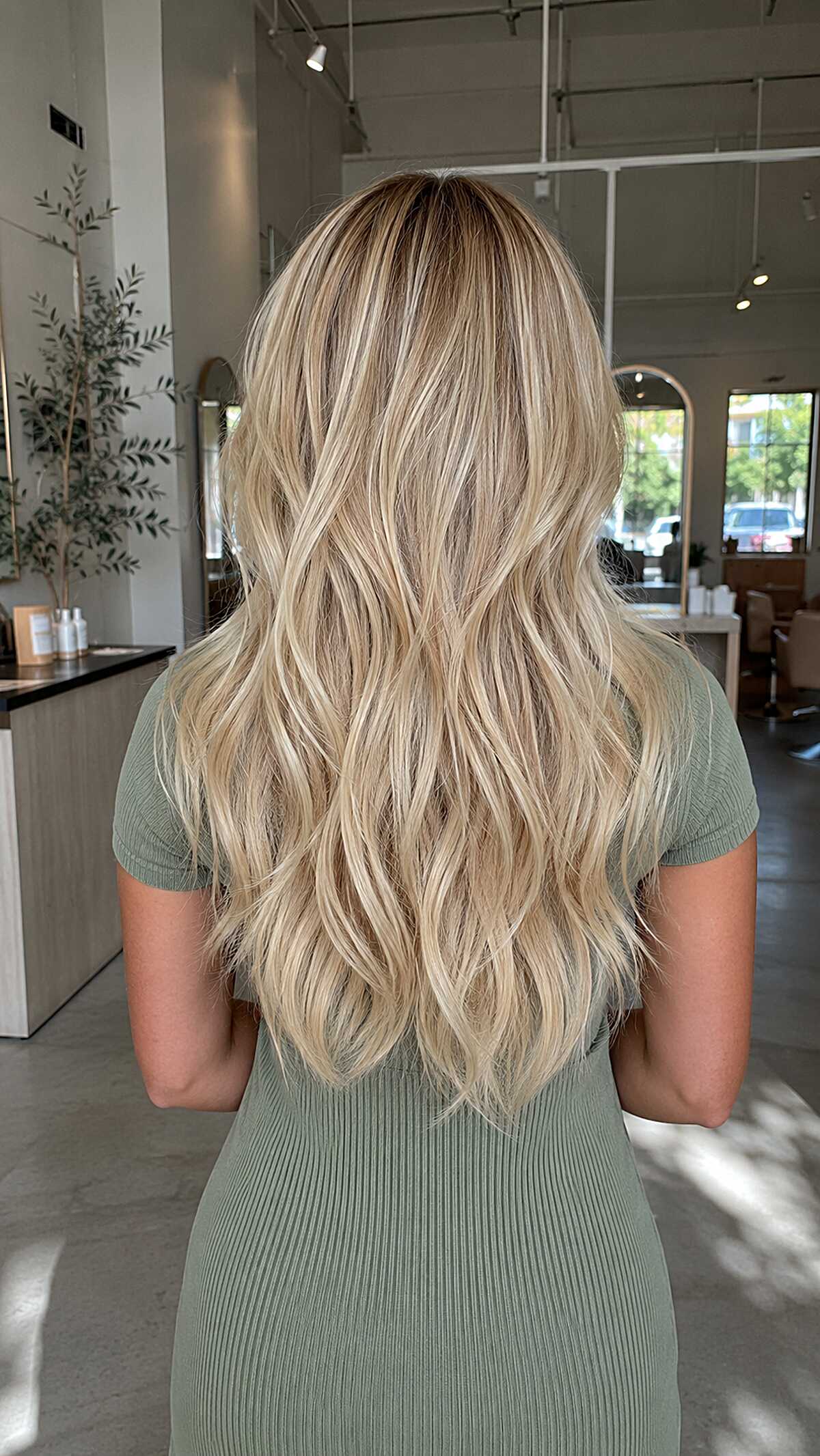 Long sandy blonde hair with dimensional highlights and waves