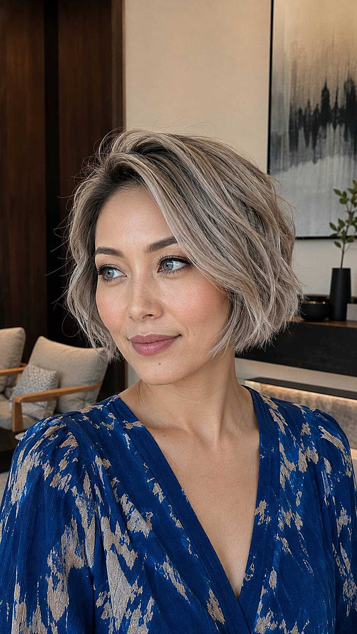 Ash blonde wavy bob with shadow root and side part