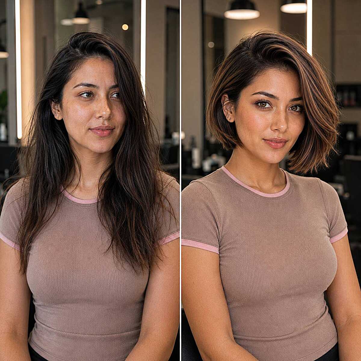 Before and after long hair to short caramel-highlighted bob