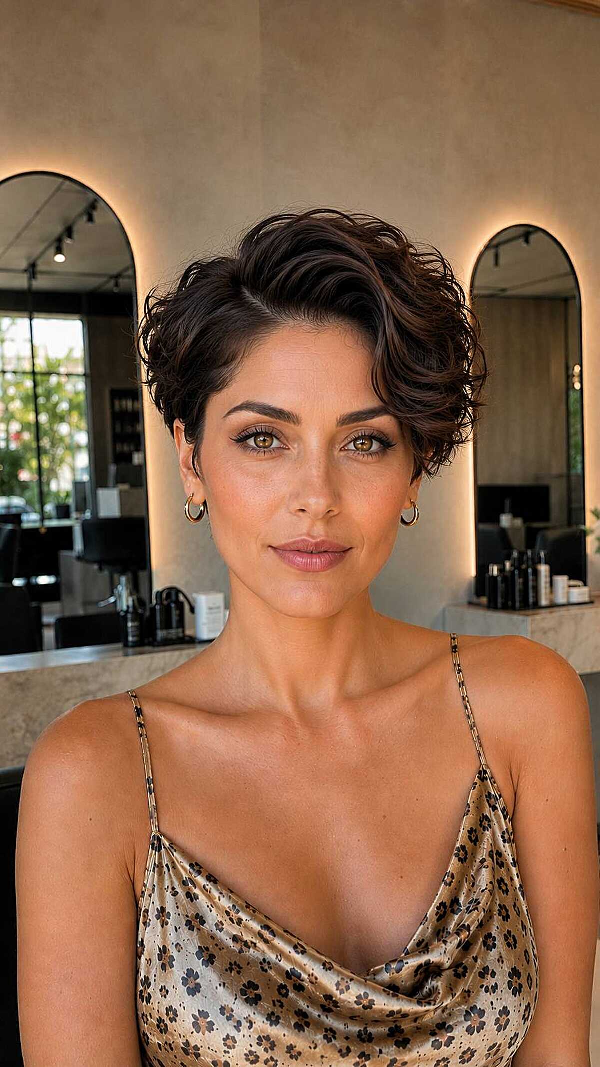 Short curly brunette pixie with dramatic side sweep