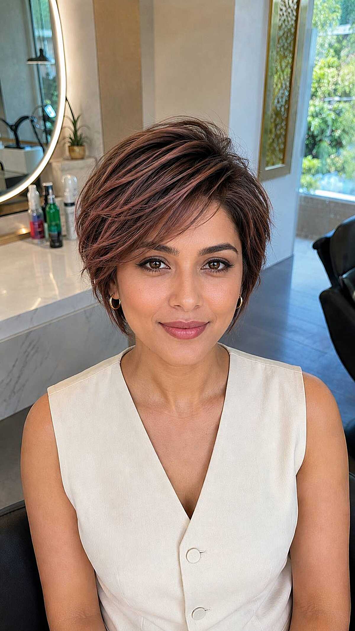 Feathered pixie bob with berry tones and side part