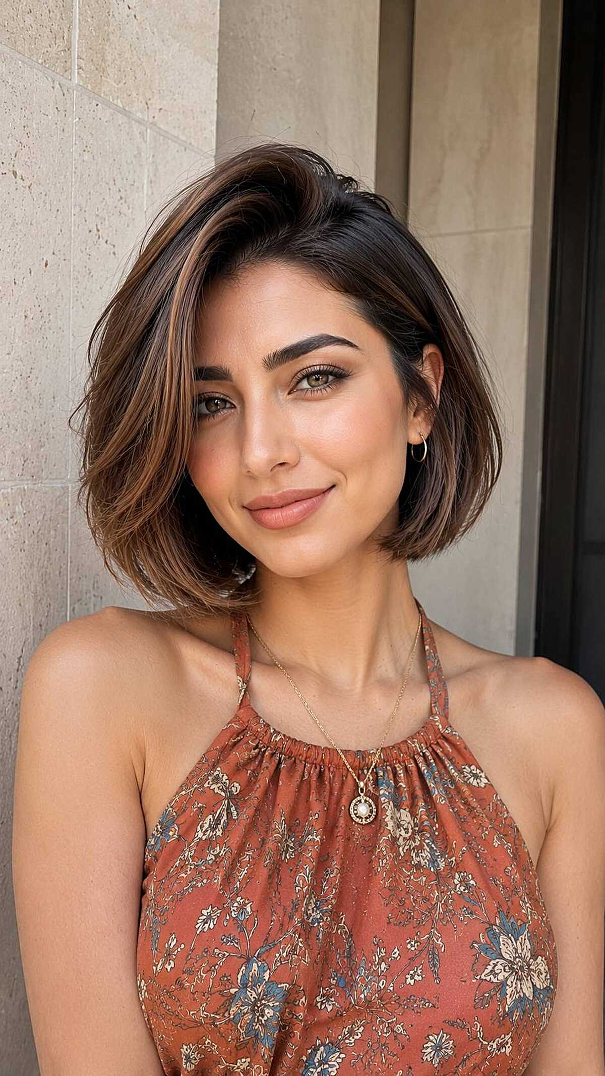 Chin-length chocolate bob with caramel face-framing pieces