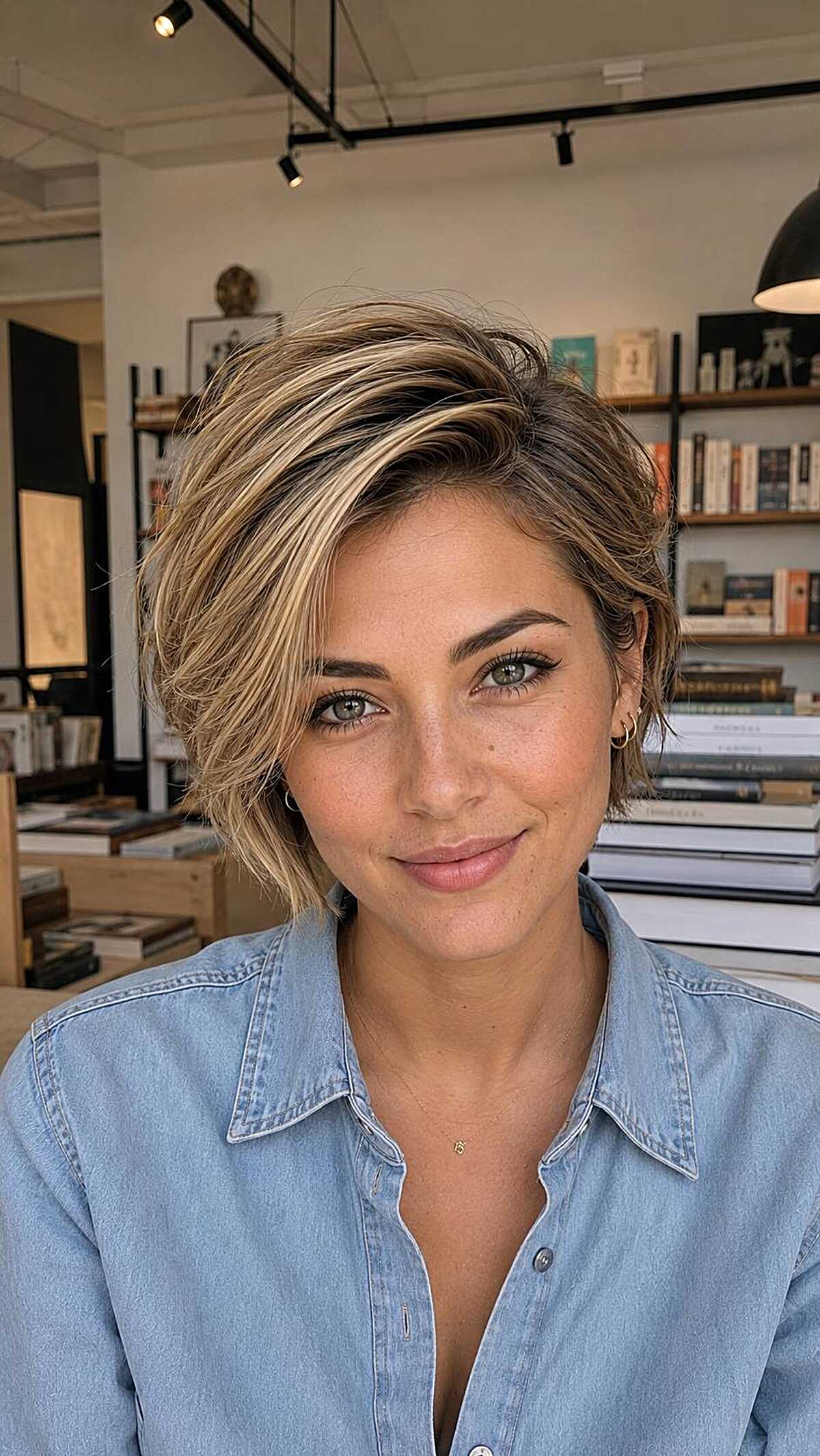 Short layered crop with blonde highlights and side sweep