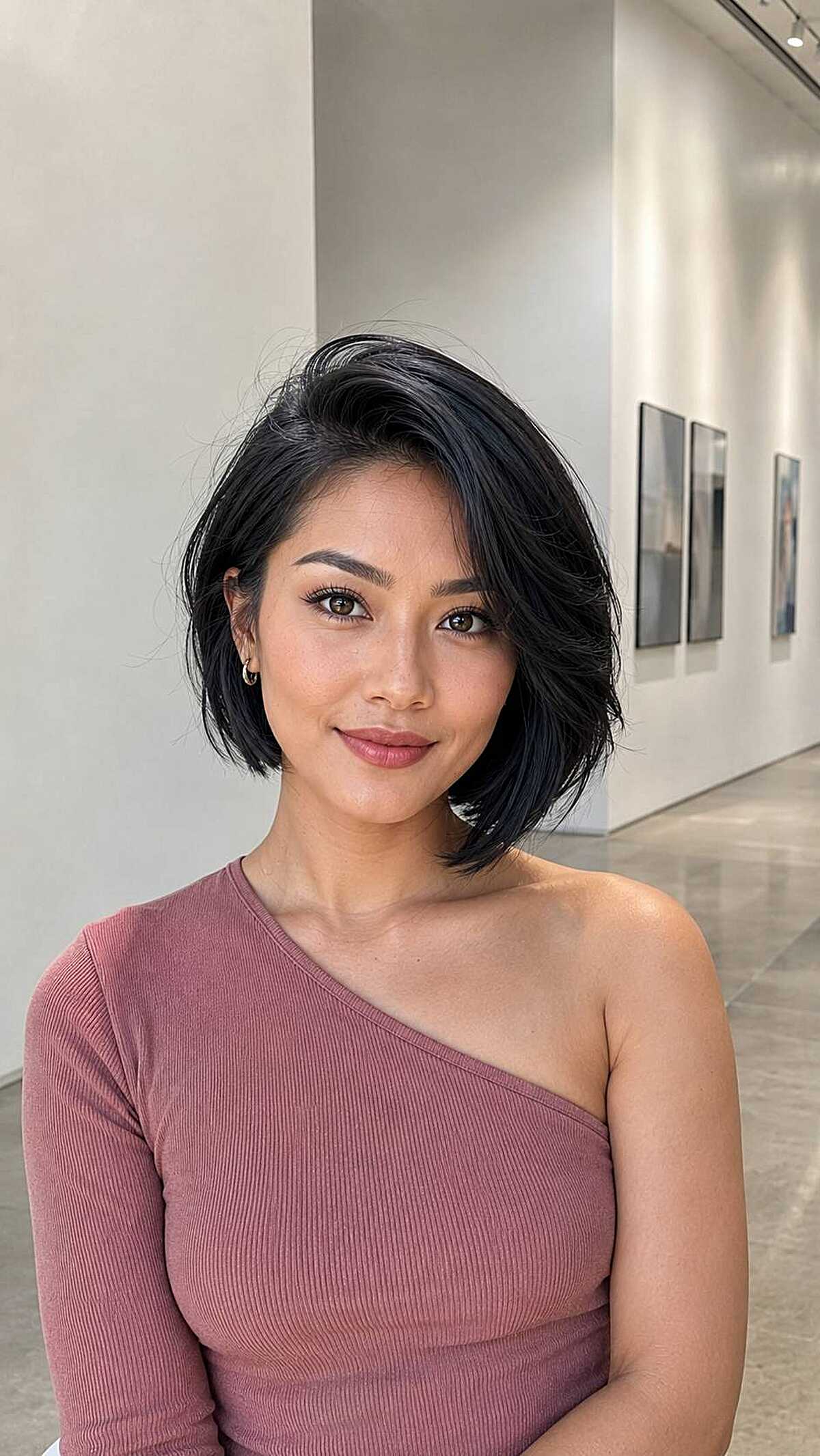 Jet black voluminous chin-length bob with side part