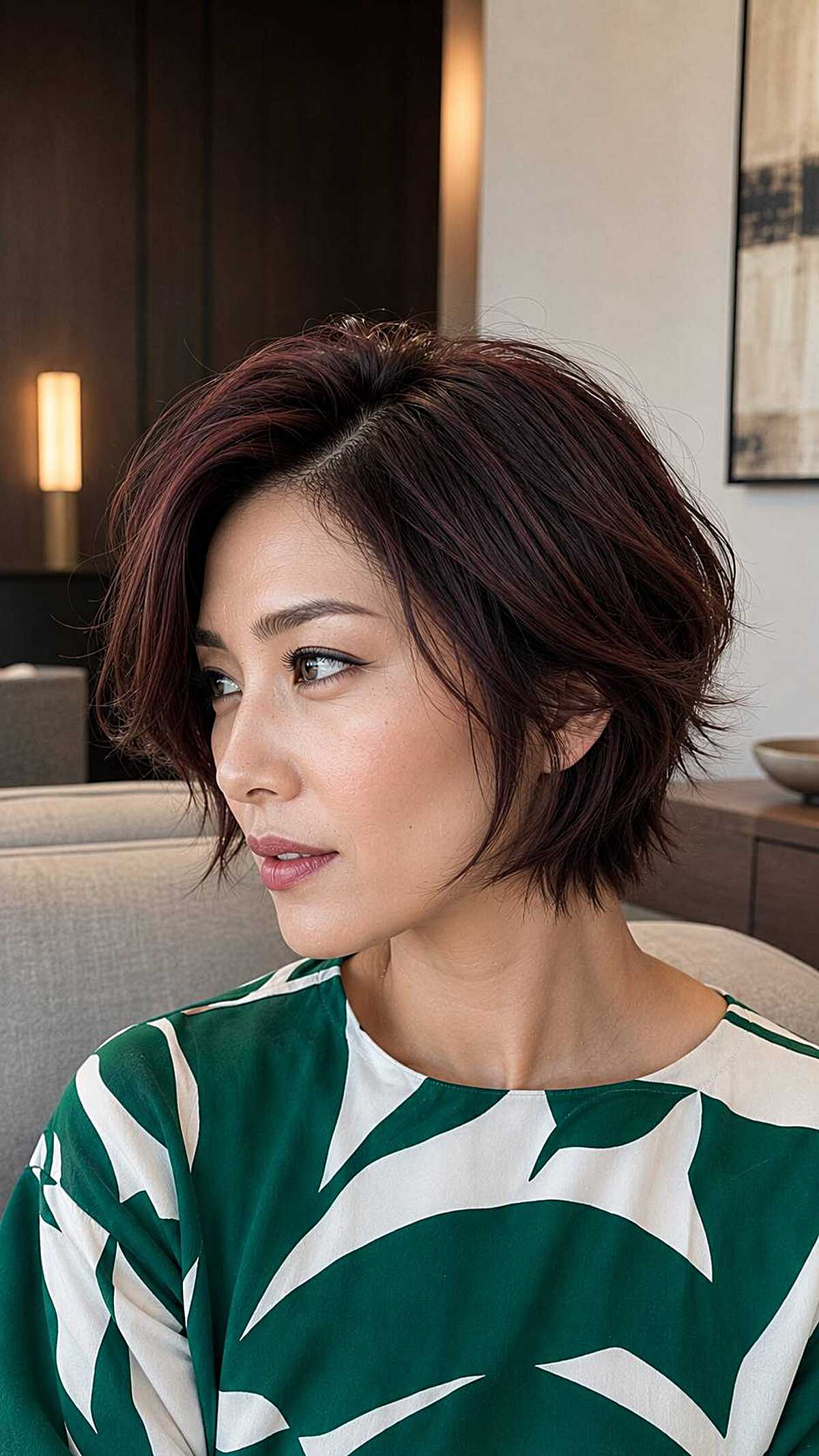 Side view of a layered mahogany bob with deep part