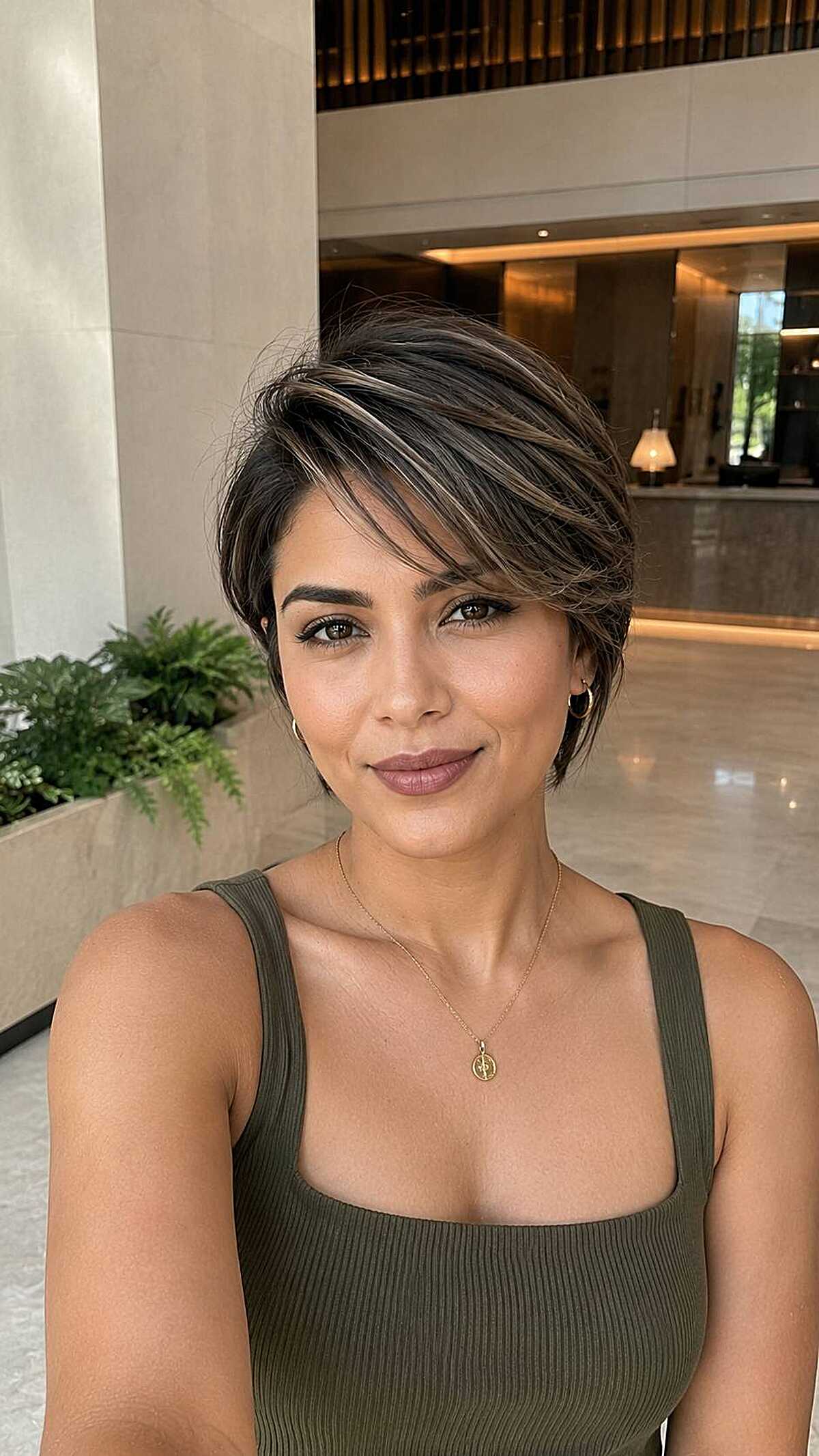 Short dark pixie with bold blonde money piece and side part