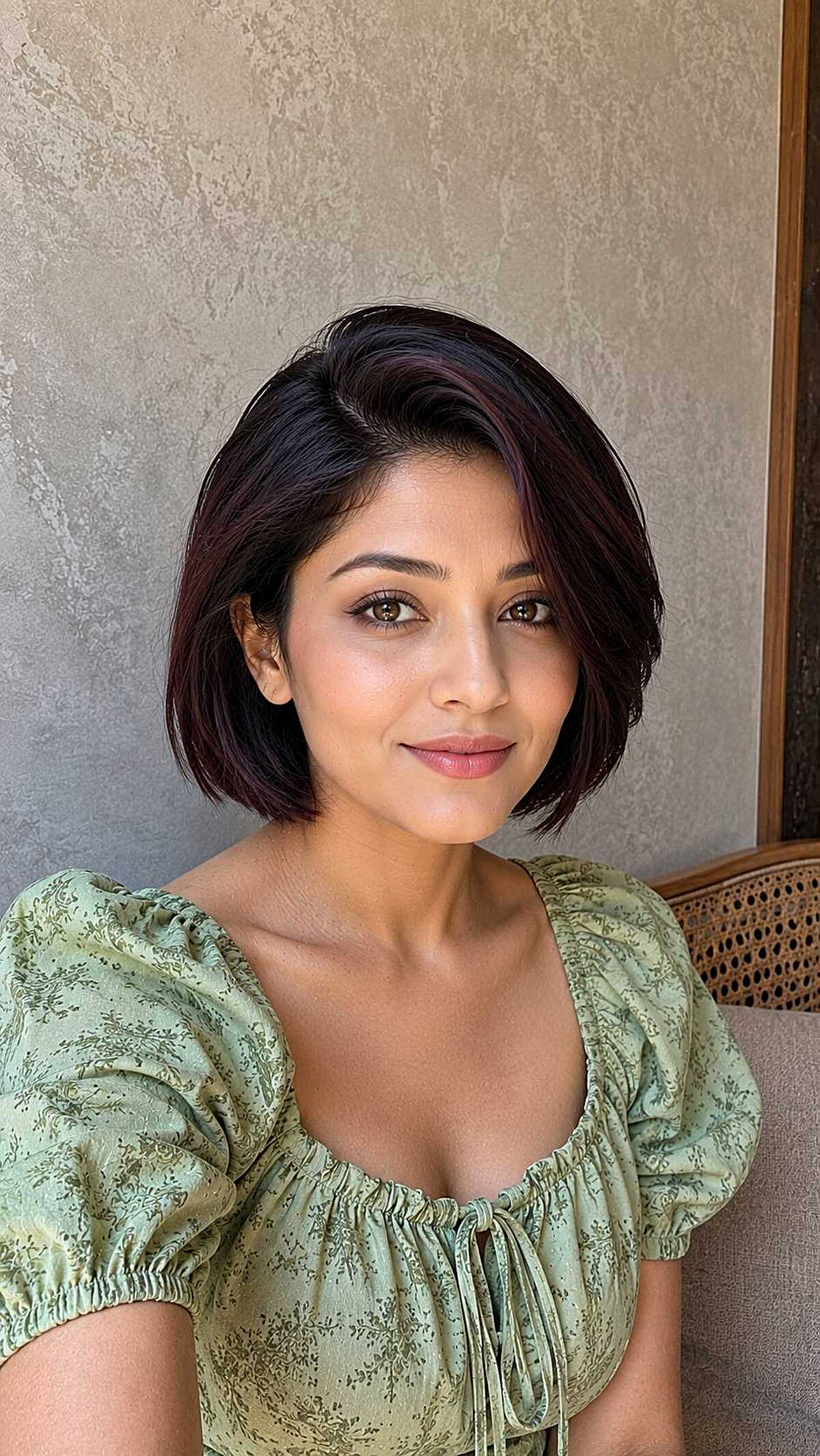 Smooth dark bob with plum undertones and subtle side part