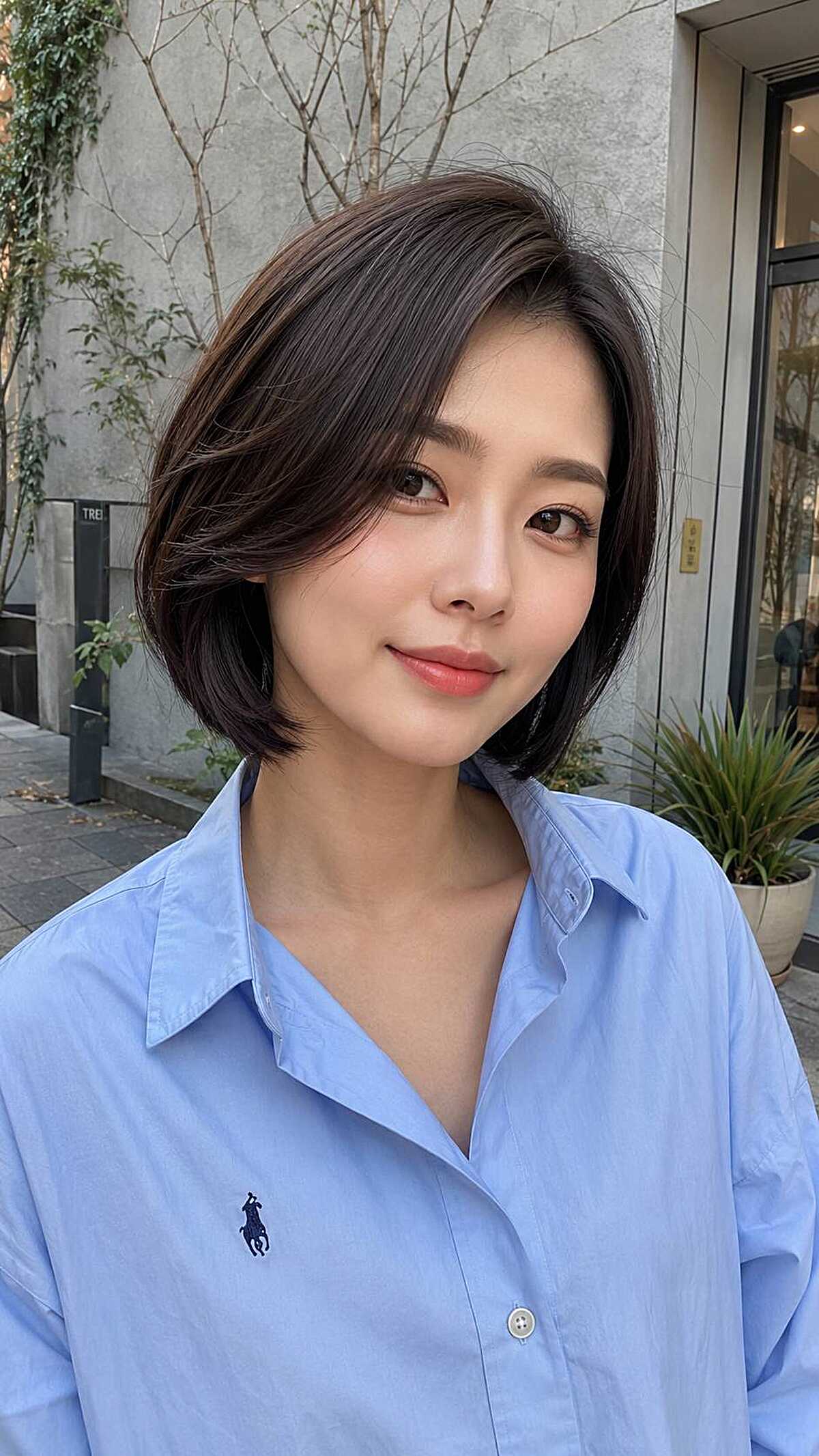 Dark chin-length Korean bob with a soft side part and sweep