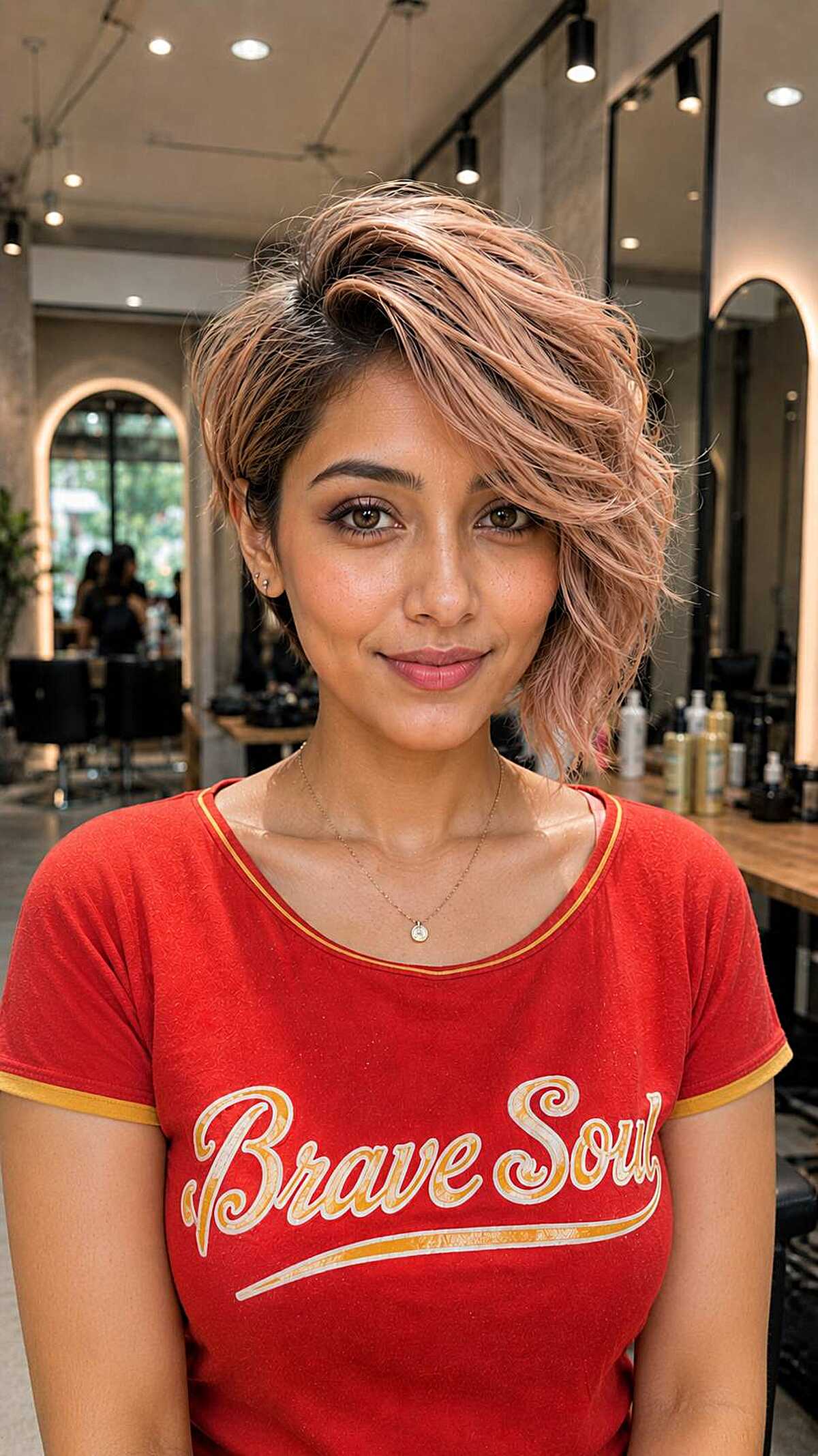 Asymmetric pixie with rose gold color and side part