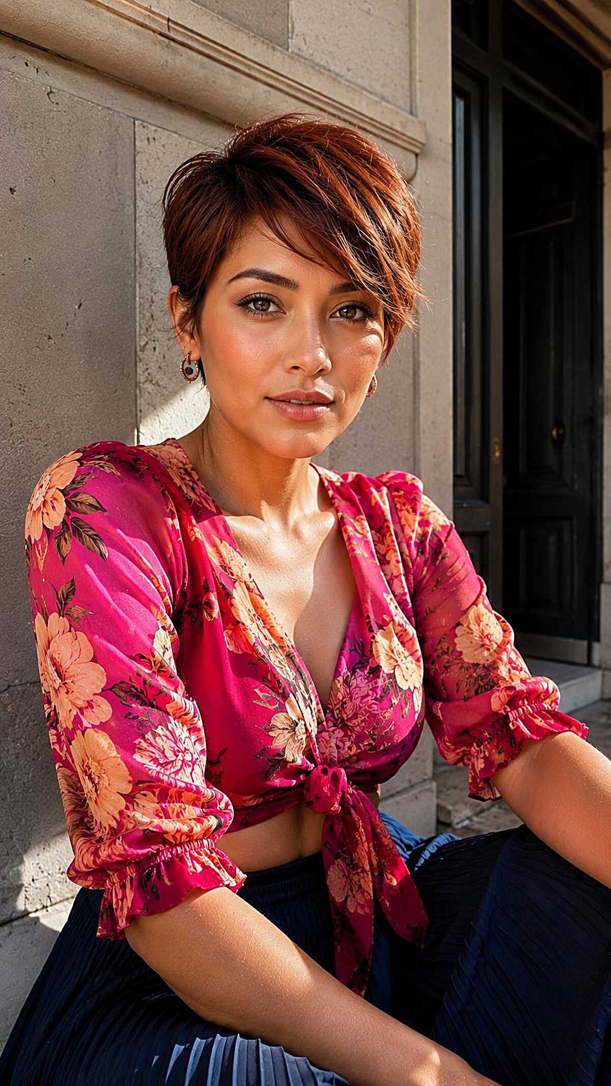 Short auburn pixie with sun-kissed highlights and side part