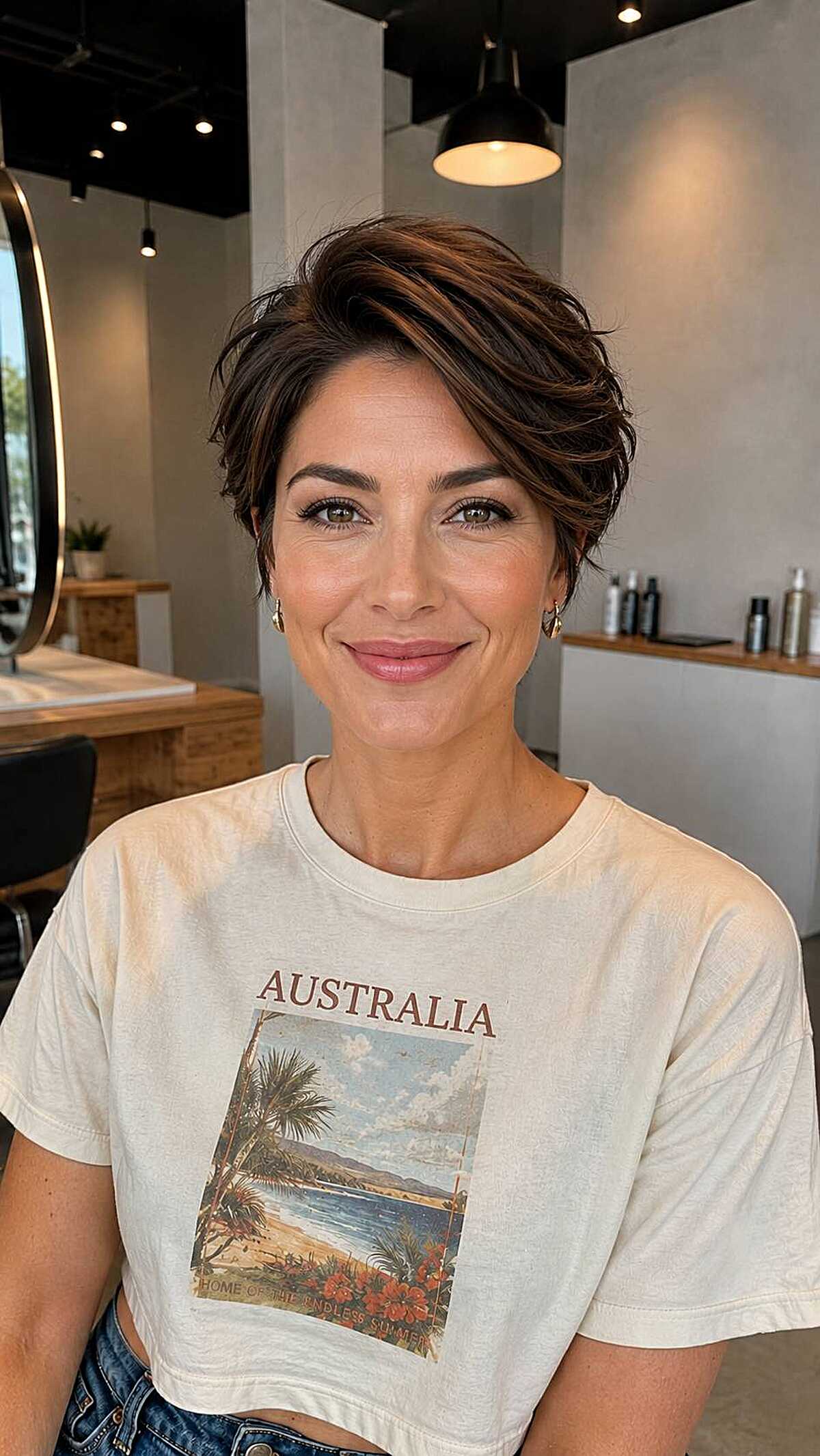 Short tousled pixie with caramel highlights and side part