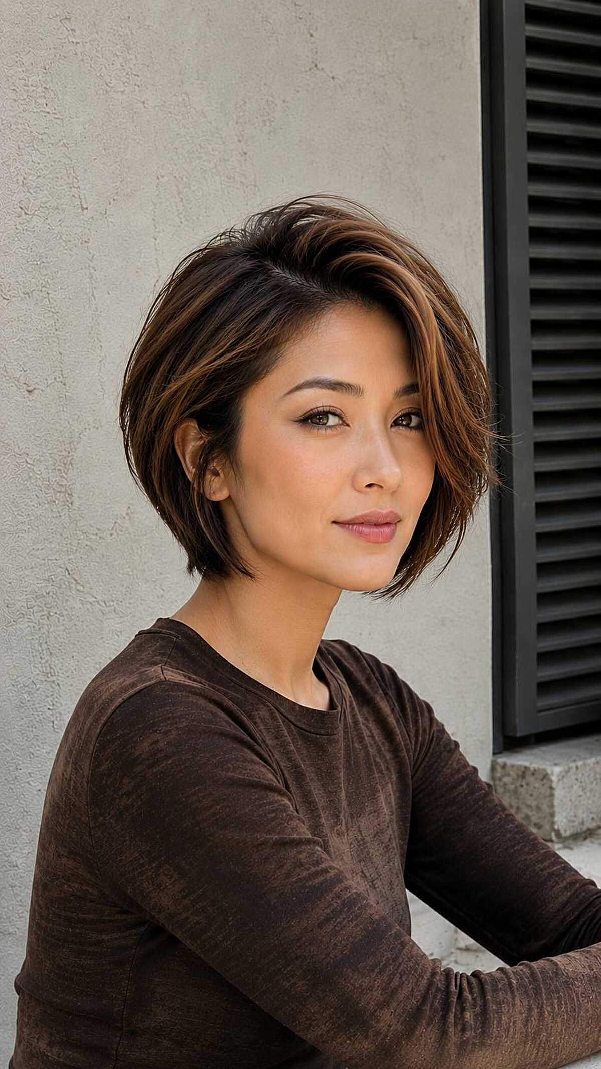 Short textured bob with copper highlights and side part