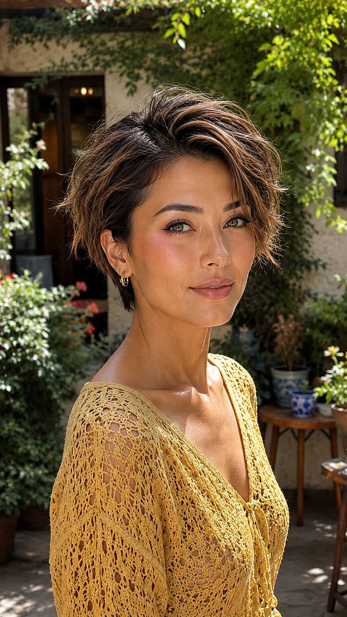 Windswept short brunette pixie with sun streaks