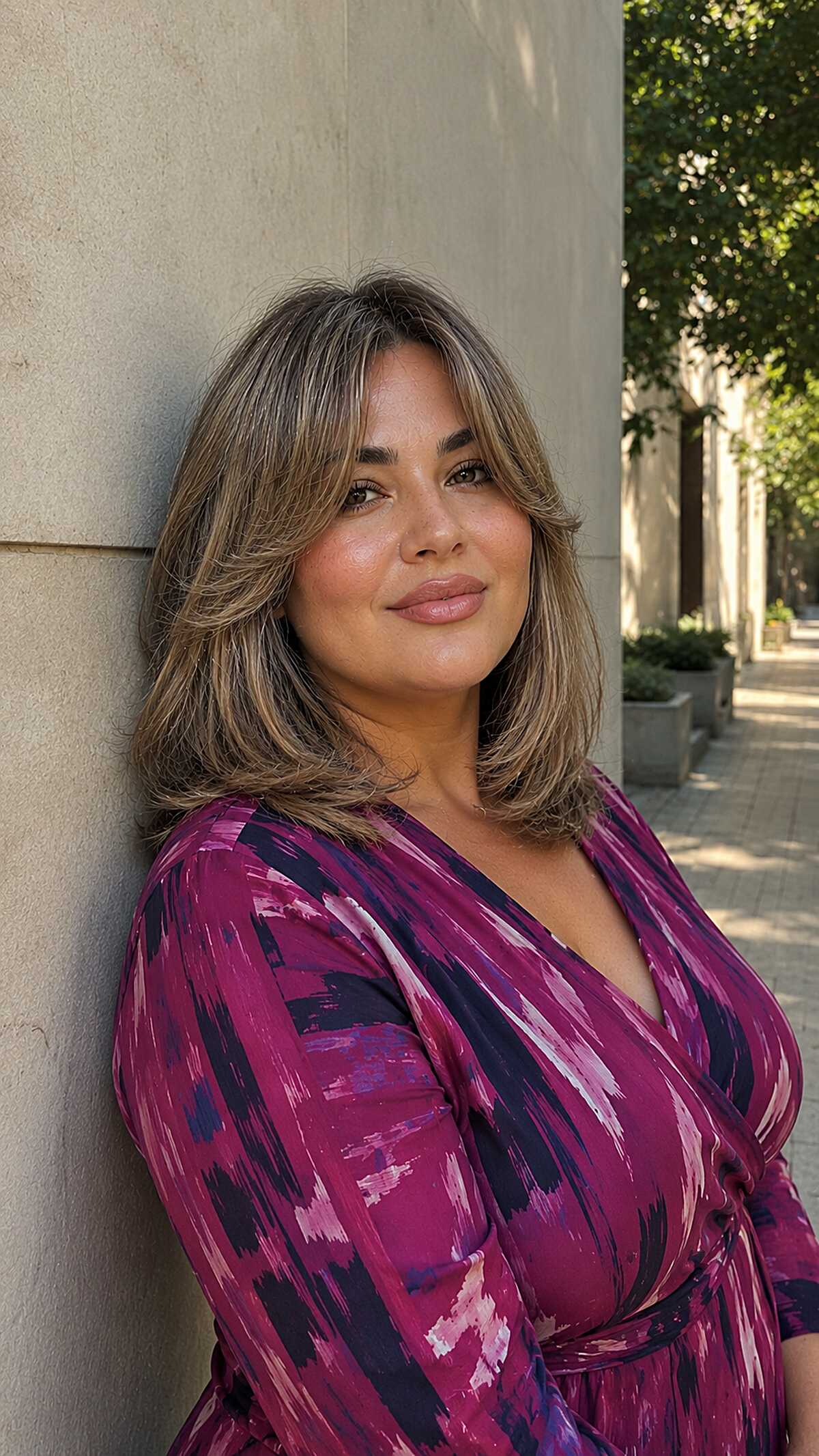 Shoulder-Length Bronde Lob with Flipped Curtain Fringe