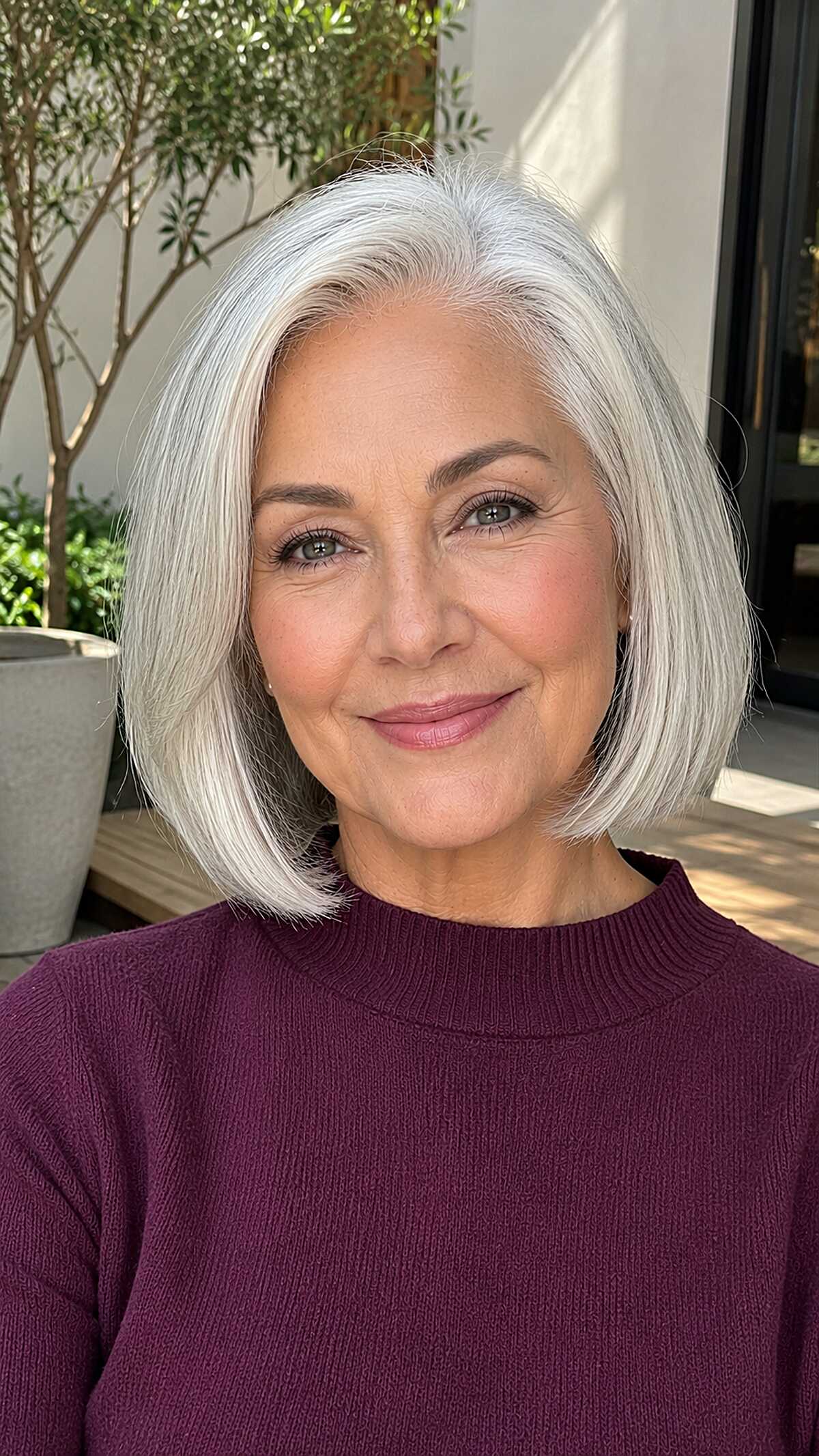Jaw-length silver white bob with soft inward bend