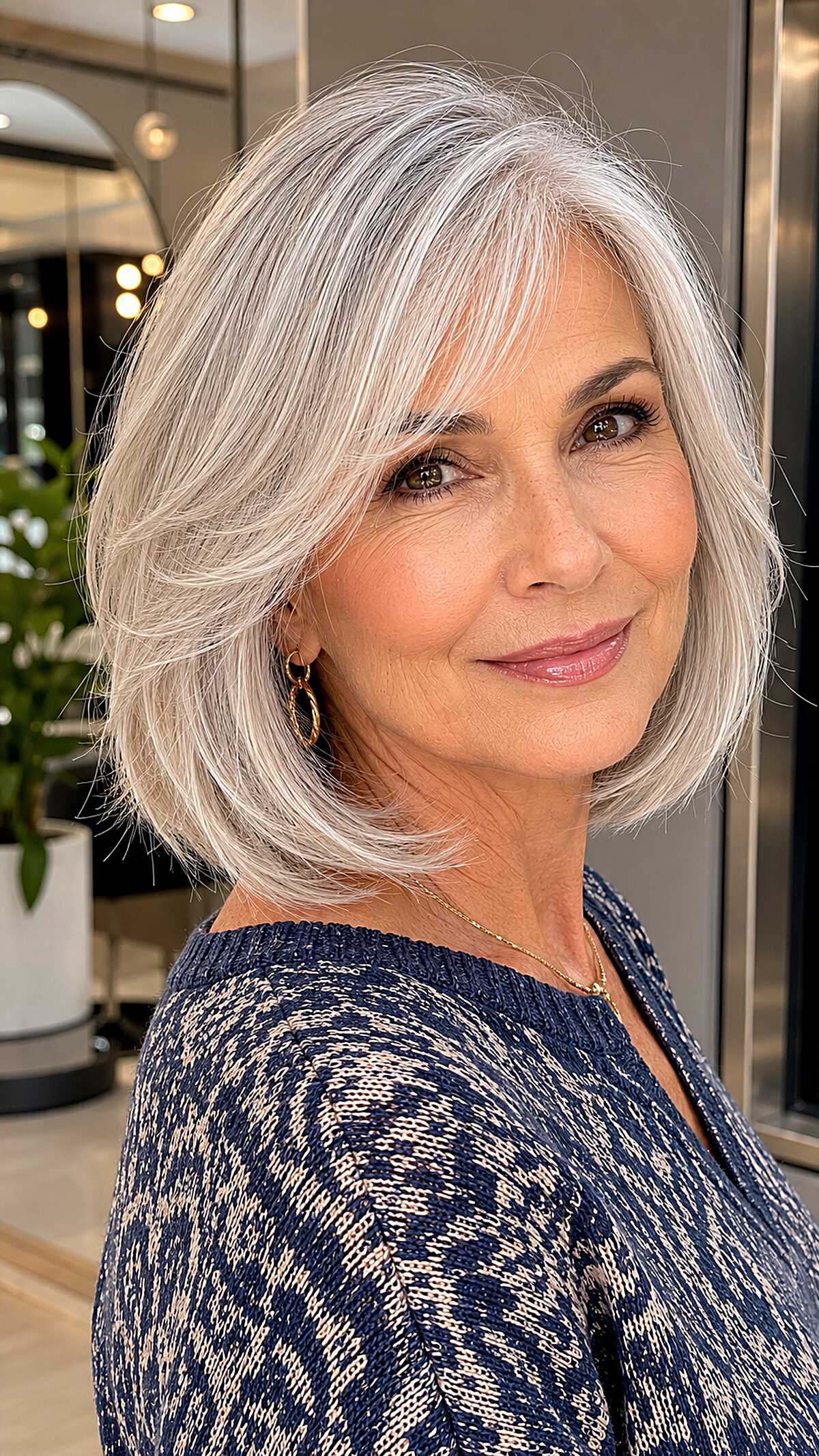 Silver layered bob with feathered ends and side part