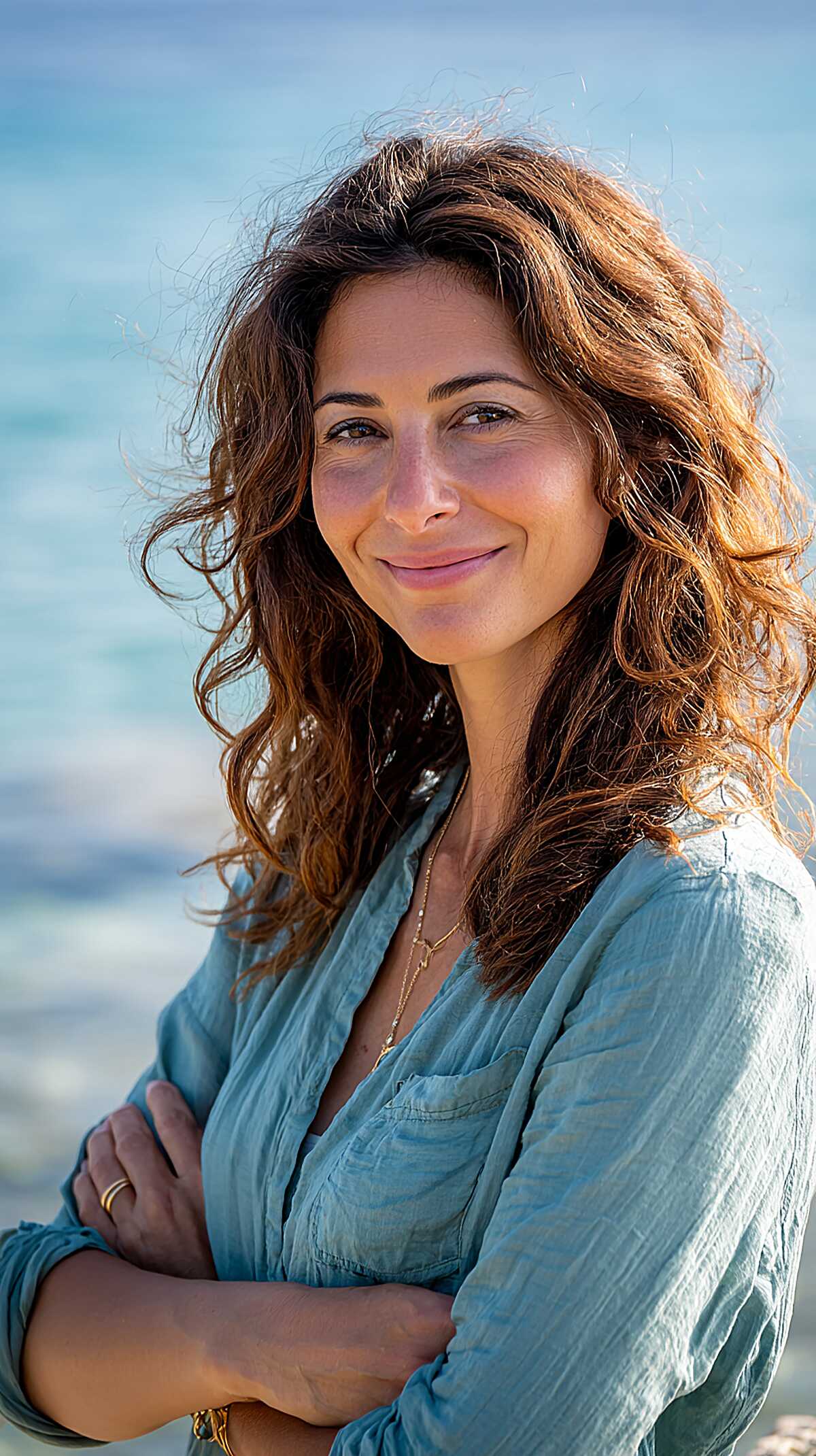 The Sun-Caught Brunette Curls with Warm Mid-Length Volume