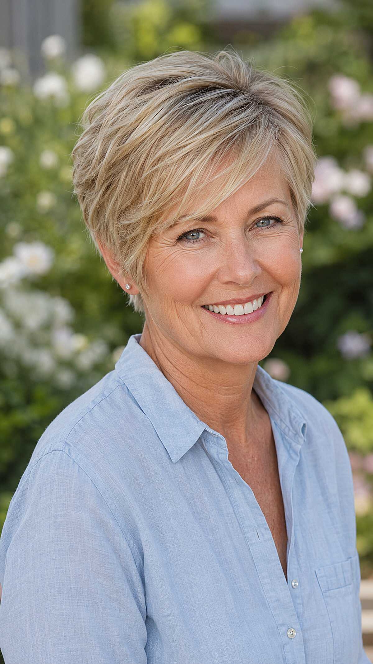 Sun-Kissed Blonde Pixie with Swept Fringe and Tapered Nape