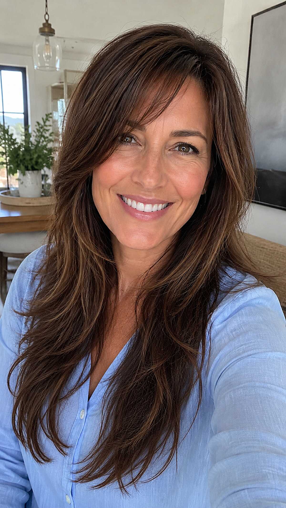 Swept Side Bangs with Textured Long Layers